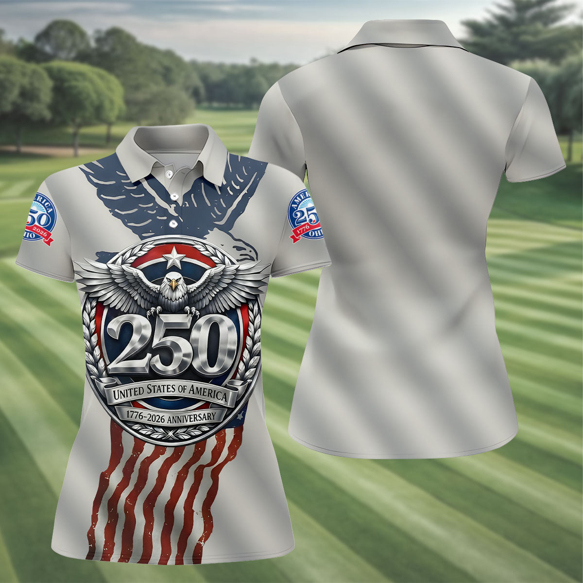 250 US 1776-2026 Anniversary Silver Print Ladies Golf Tops, Patriotic 4th Of July Golf Shirt For Women