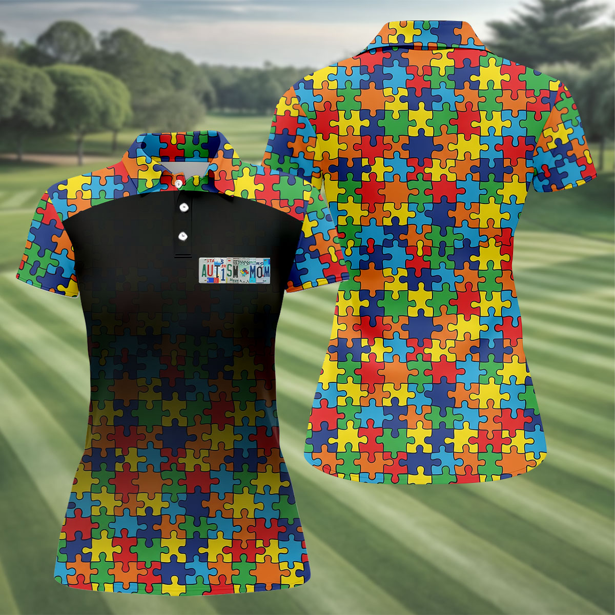 Autism Mom Colorful Puzzles Black Faded Women's Golf Tops, Golf Shirt For Women, Unique Mother's Day Gifts