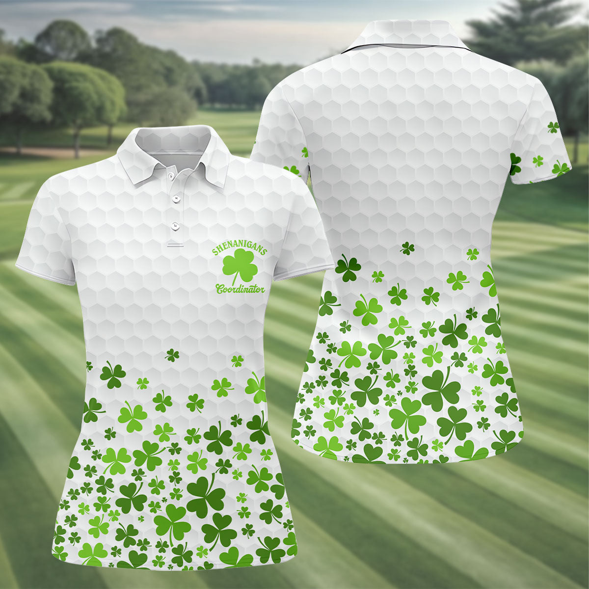 Shenanigans Coordinator Golf Ball Pattern St Patrick Day White Golf Shirt, Women's Golf Tops, Ladies Golf Polos