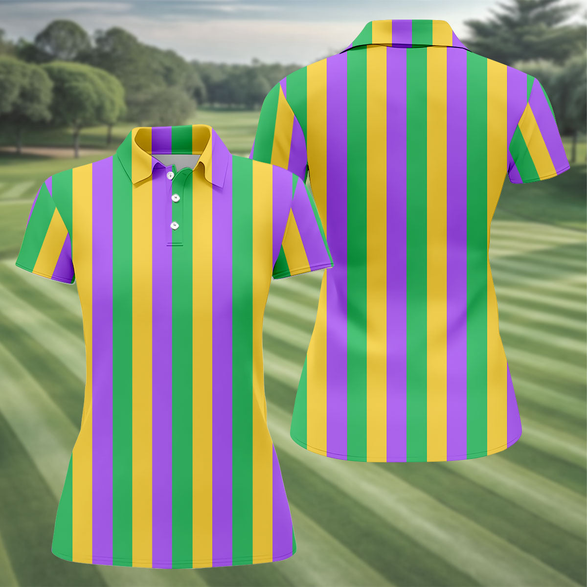 Green Gold Purple Vertical Stripe Mardi Gras Golf Shirt, Women's Golf Shirts, Ladies Golf Polos
