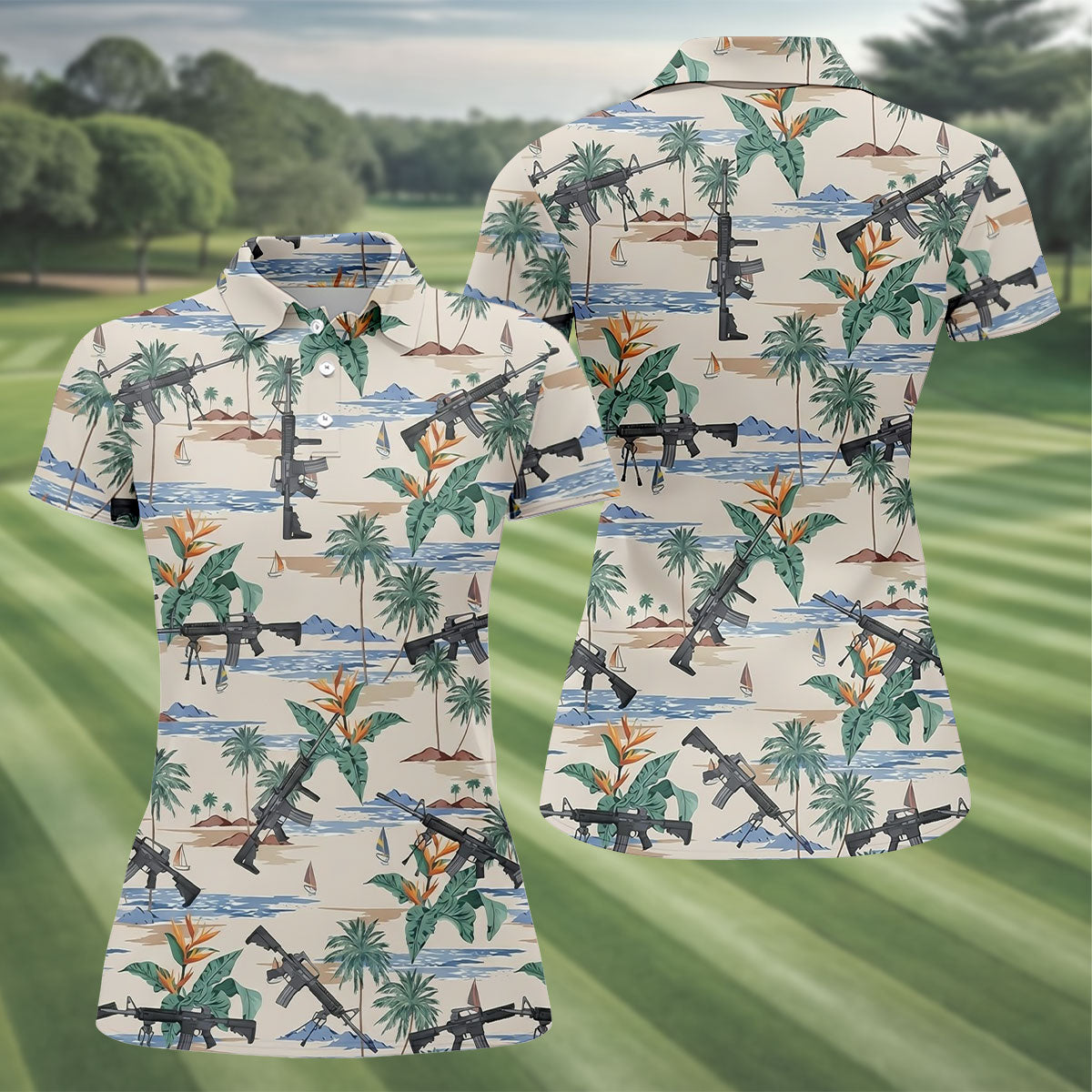 Hawaiian Palm Tree With Army Theme Women Golf Top, Ladies Golf Shirts, Golfing Apparel