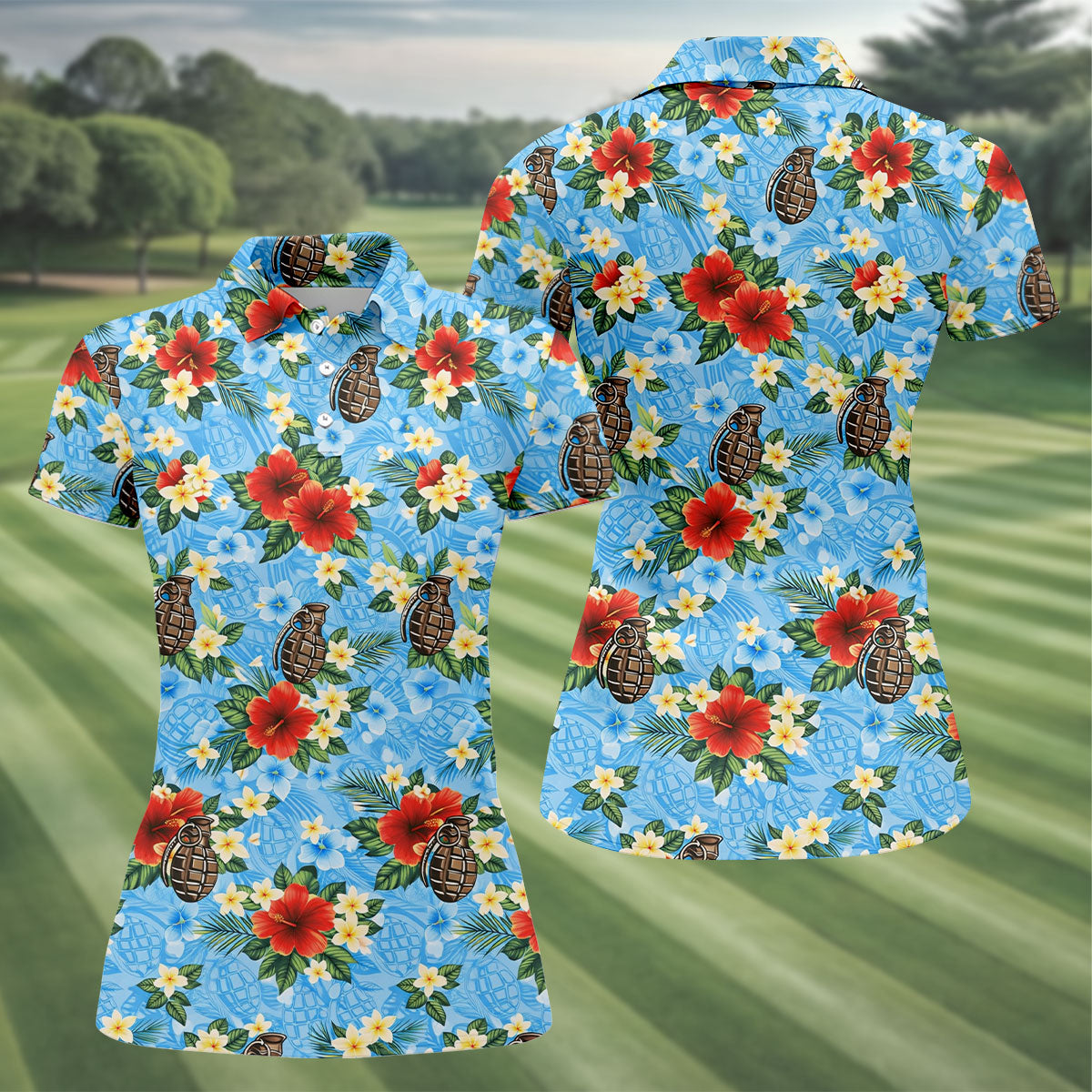 Floral Pattern Army Theme Hawaiian Blue Golf Shirt, Women's Golf Tops, Ladies Golf Shirts