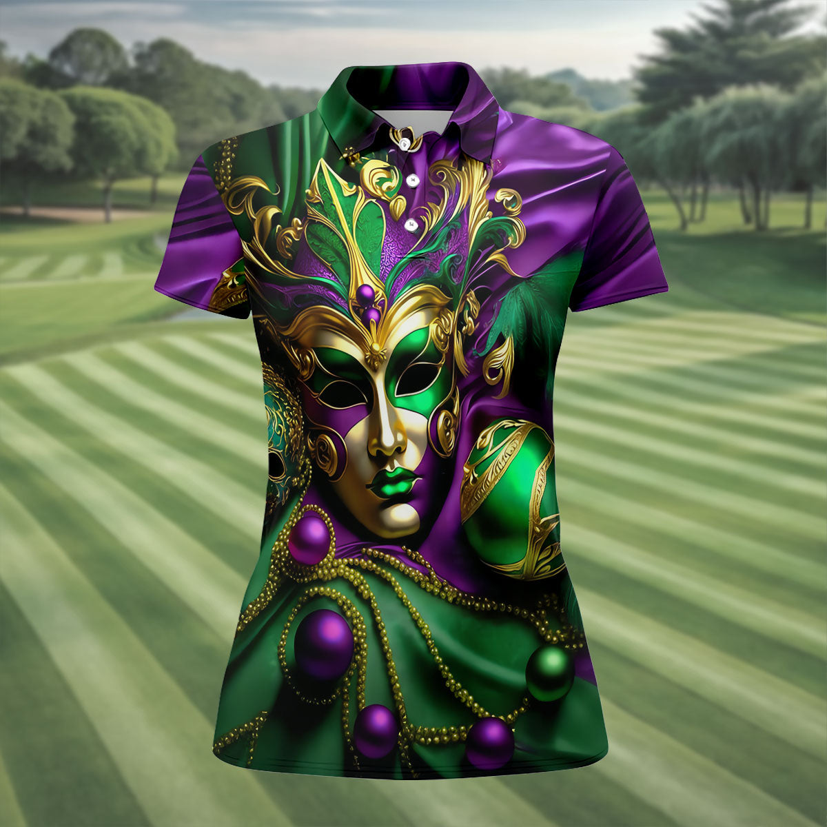 Mardi Gras Face Mask Purple Green Gold Women's Golf Tops, Ladies Golf Polos, Women's Polo Shirt