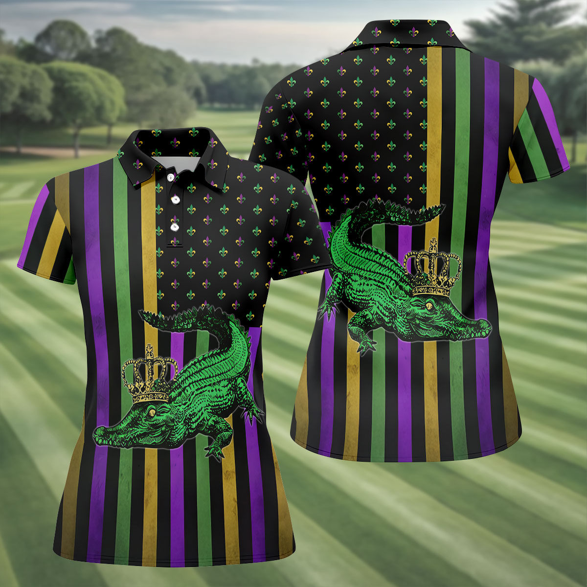 Mardi Gras Aligator Purple Green Gold Vertical Stripes Fleur De Lis Women's Golf Tops, Ladies Golf Shirt