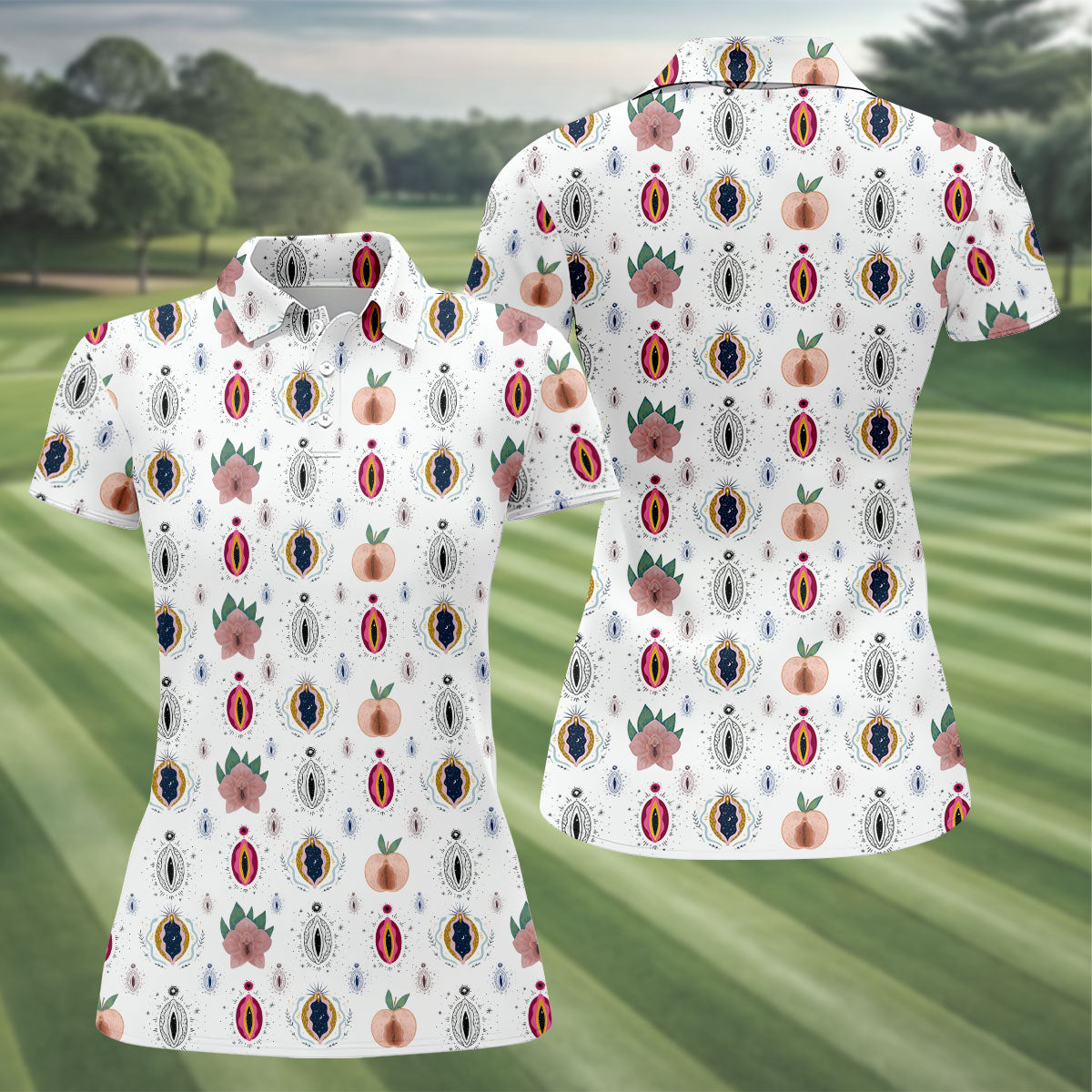 Abstract Peach Botanical Pattern Golf Shirt, Ladies Golf Shirts, Women’s Golf Apparel