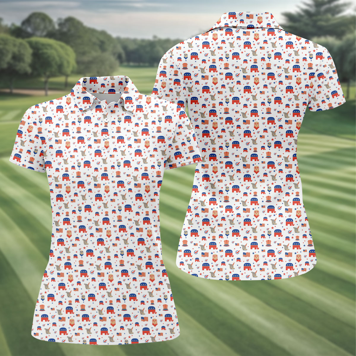 US Bald Eagle Political Elephant 250th Anniversary White Golf Shirt, Patriotic 4th Of July Golf Shirt For Women