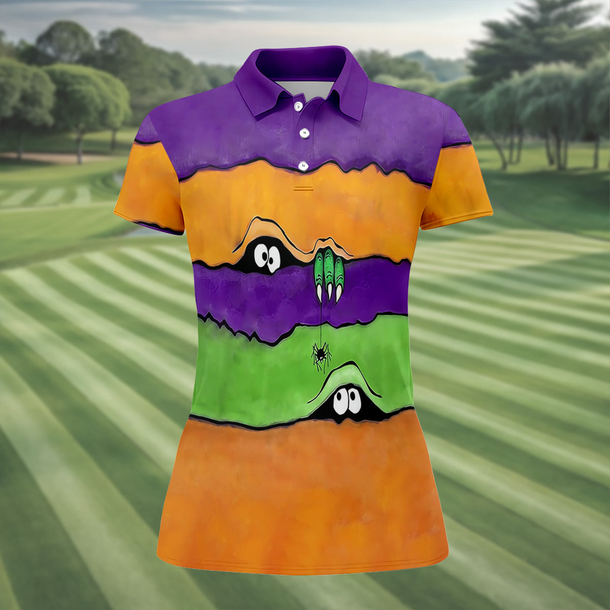 Funny Halloween Peeping Eyes Ladies Golf Polos, Women's Golf Tops, Halloween Golf Shirt