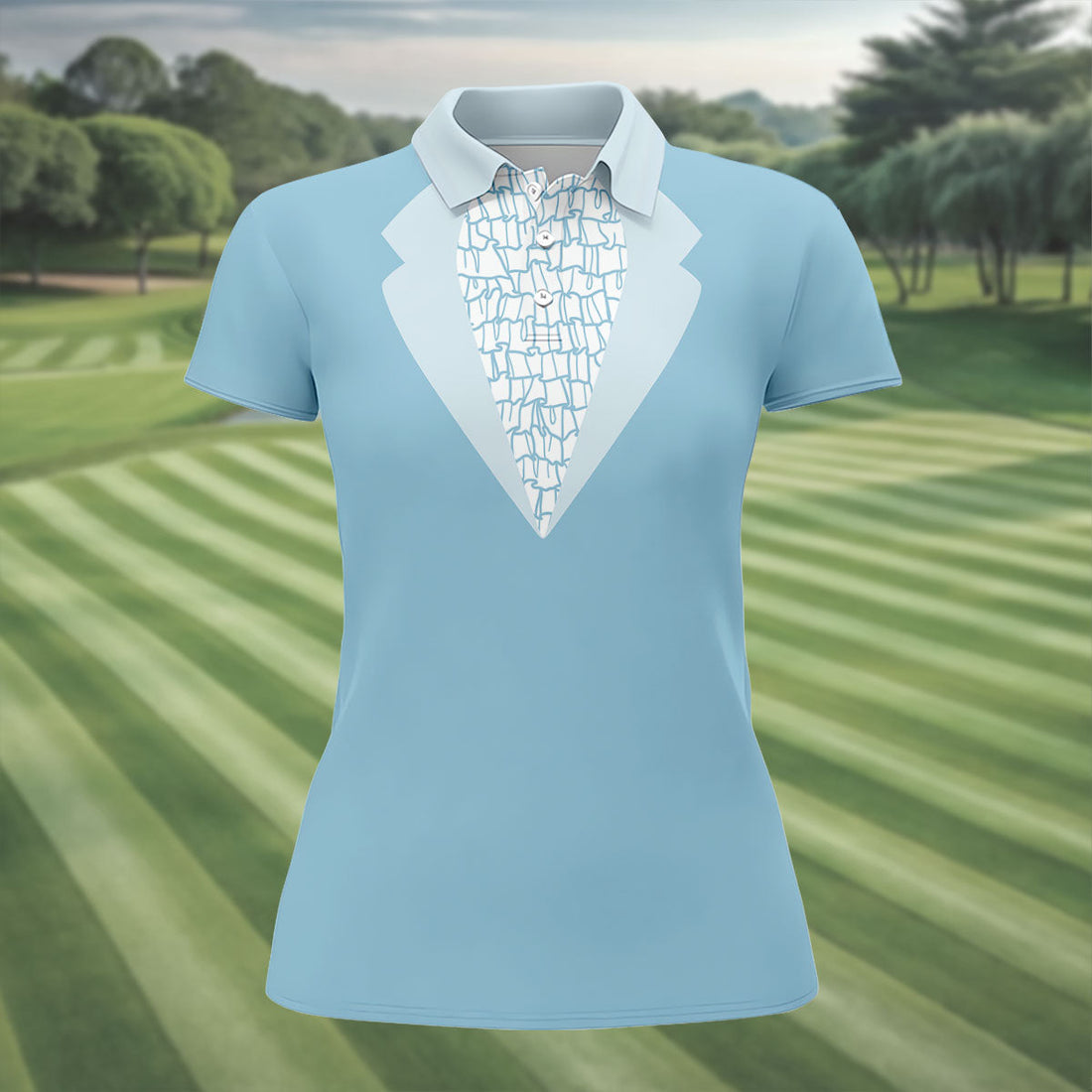 Light Blue Tuxedo Fun Women's Golf Shirts, Retro Golf Shirt, Ladies Golf Tops