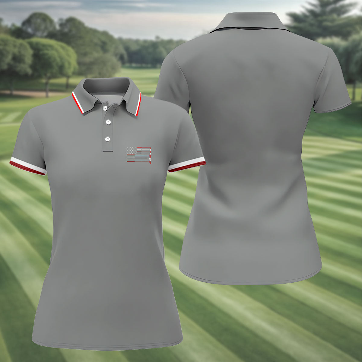 Golf Clubs US Flag Logo 250 Years Grey Golf Shirt, Patriotic 4th Of July Golf Shirt For Women