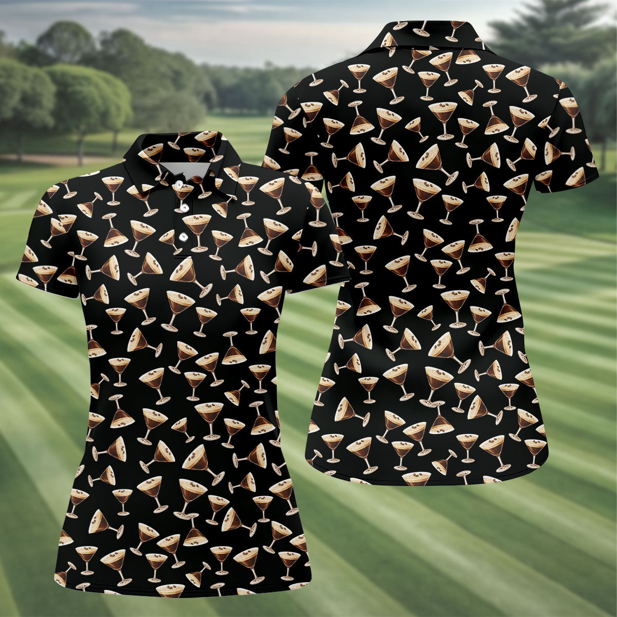 Espresso Martini Print Golf Shirt, Women's Golf Tops, Ladies Golf Shirts, Golf Shirt For Women