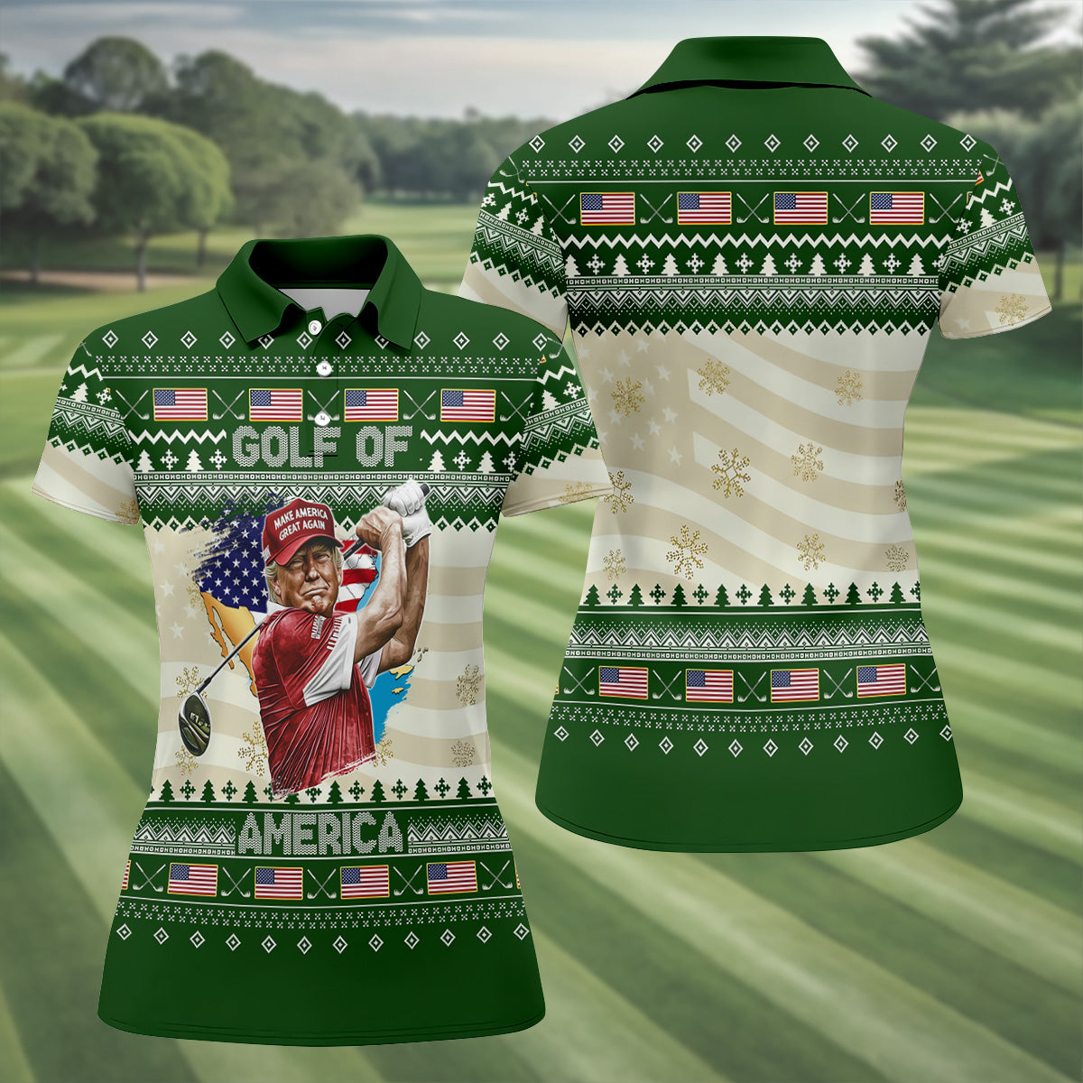Trump Golf Of America Christmas Golf Shirt Funny Print Women's Golf Tops, Christmas Golf Shirt, Ladies Golf Polos