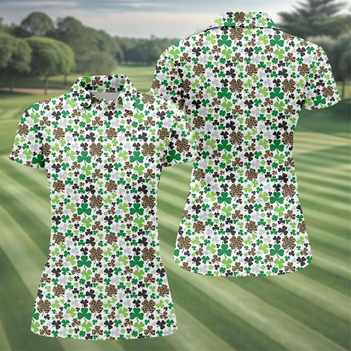 Leopard Pattern St Patrick's Day Shamrock Golf Shirt, Fun Women's Golf Shirts, Women's Golf Tops