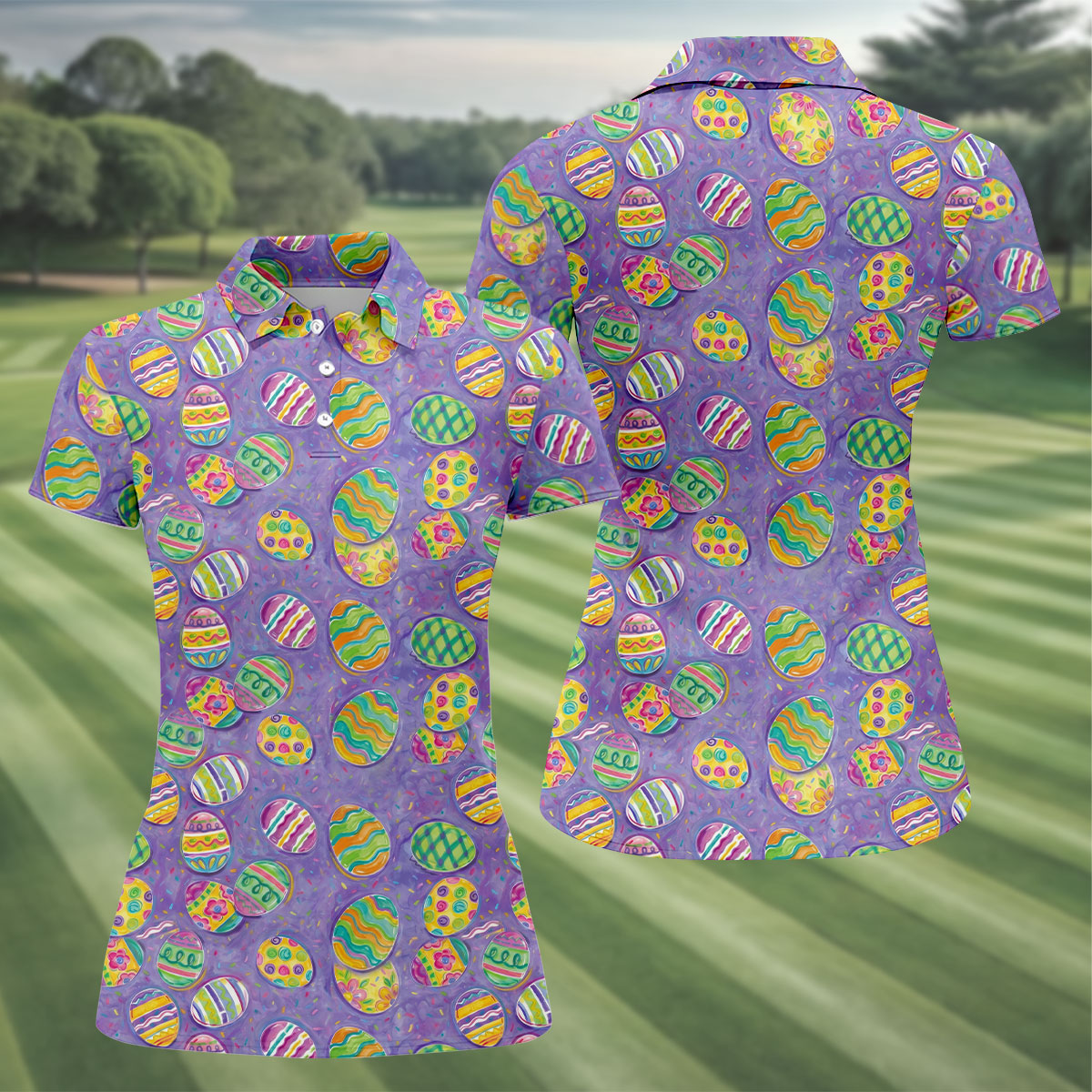 Colorful Painted Easter Eggs Women Golf Top, Cute Golf Outfit, Ladies Golf Shirts
