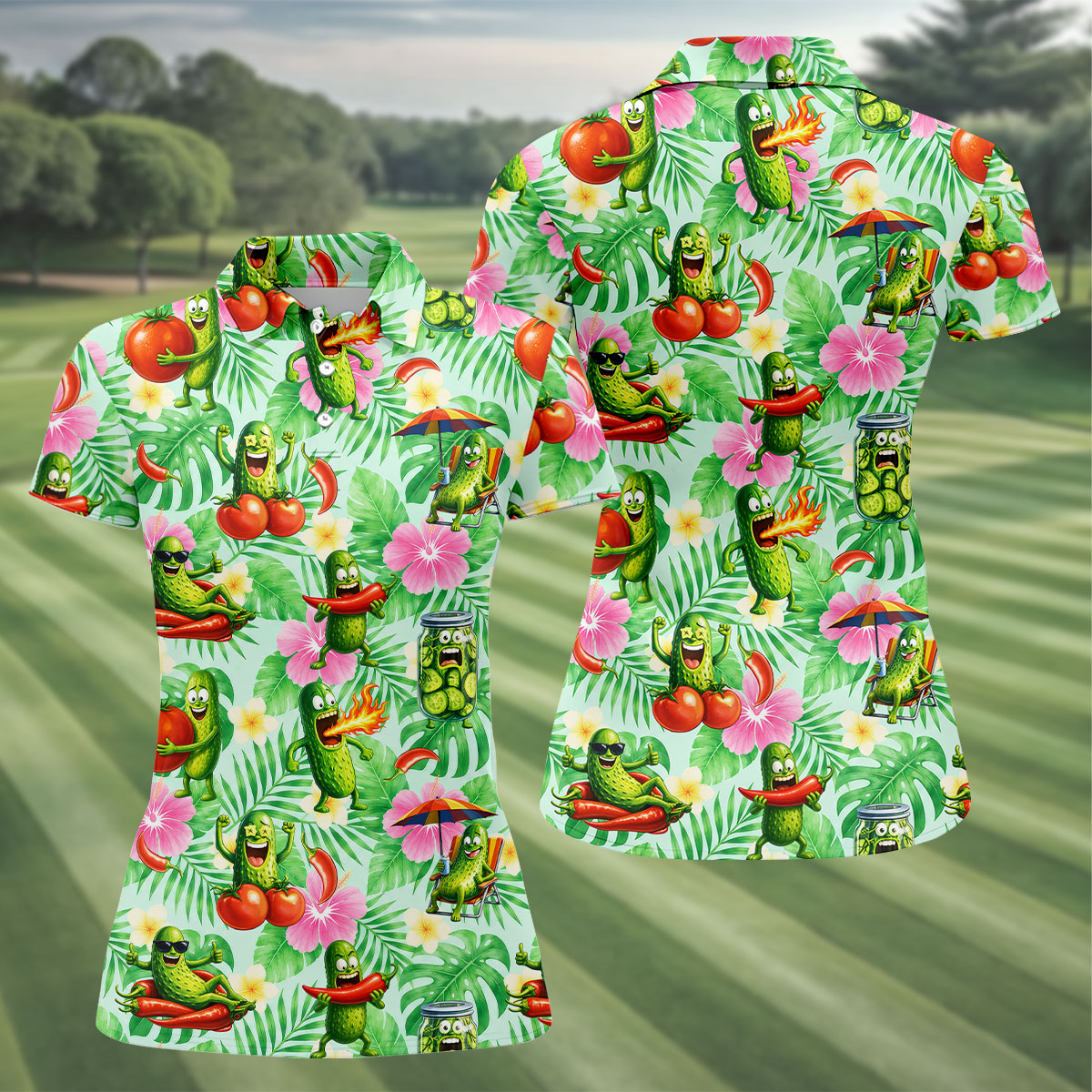 Funny Pickle Tomato Chili Tropical Hawaiian Golf Shirt, Golf Polo For Women, Printed Golf Shirt