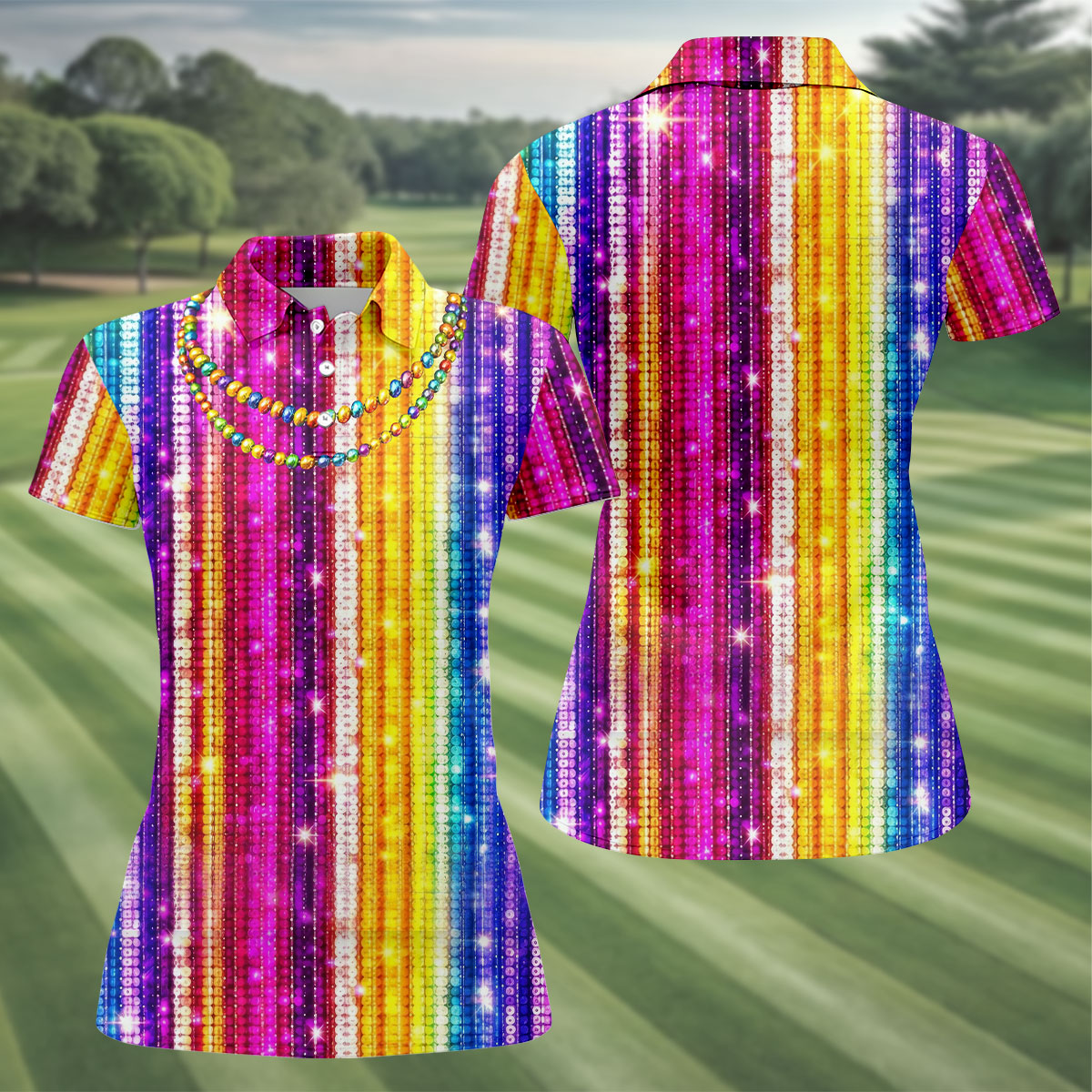 Mardi Gras Sequinned Glitter Print Women's Golf Shirts, Ladies Golf Polos, Golf Shirt For Women