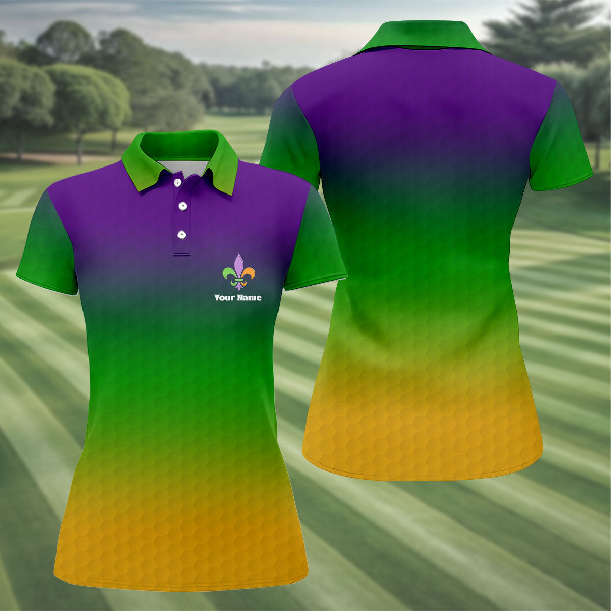 Mardi Gras Purple Gold Green Blended Color Golf Ball Pattern Women's Golf Tops, Women's Golf Shirts, Ladies Golf Polos