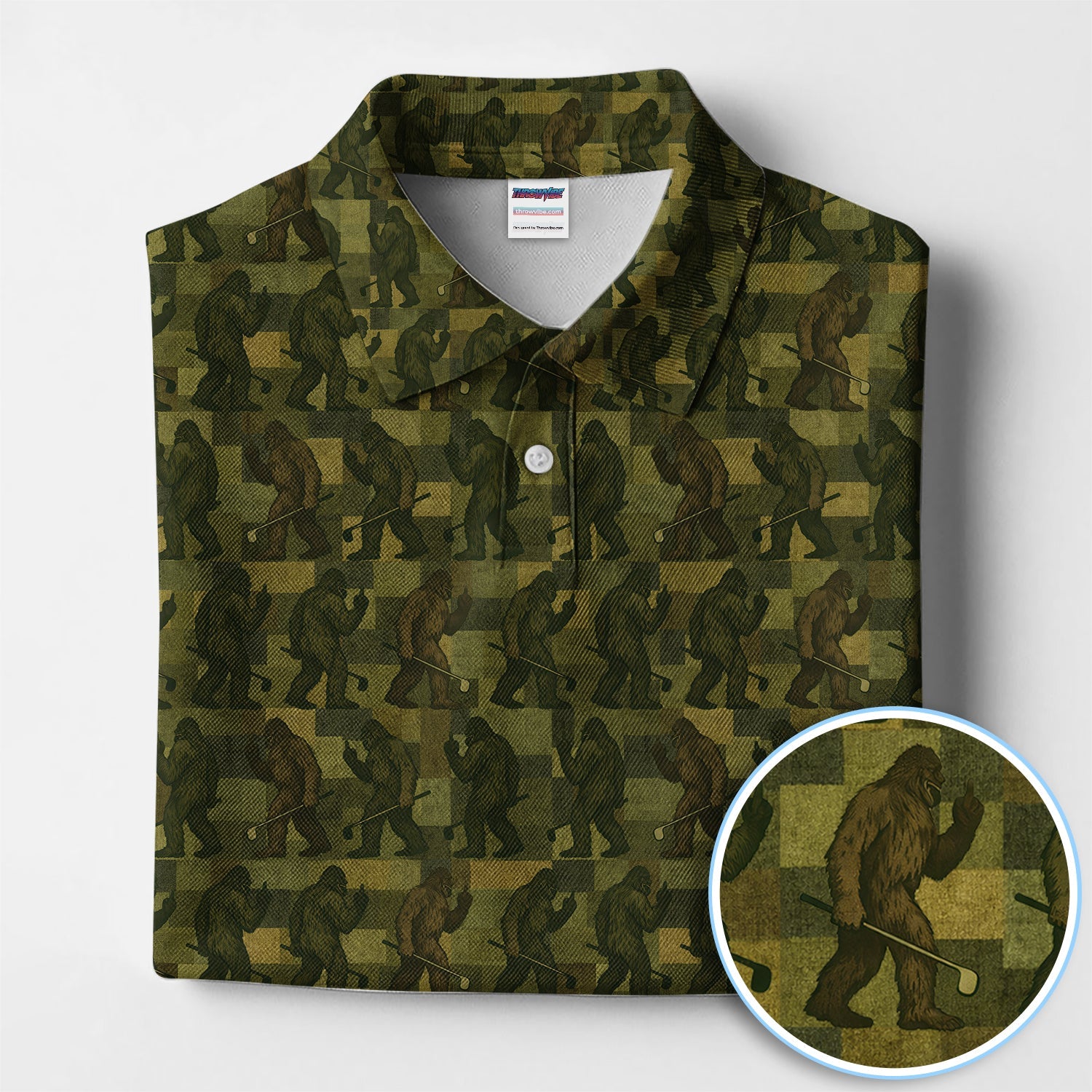Bigfoot Caro Pattern Golf Polos, Sasquatch Camo Golf Shirt For Golfer, Golf Gift For Men
