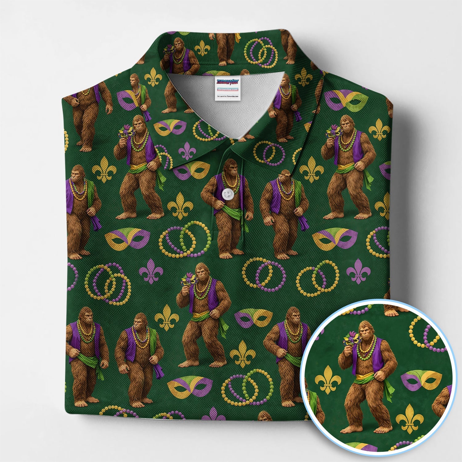 Bigfoot Mardi Gras Pattern Golf Polos, Sasquatch Holiday Golf Shirt, Golf Gift For Golfer