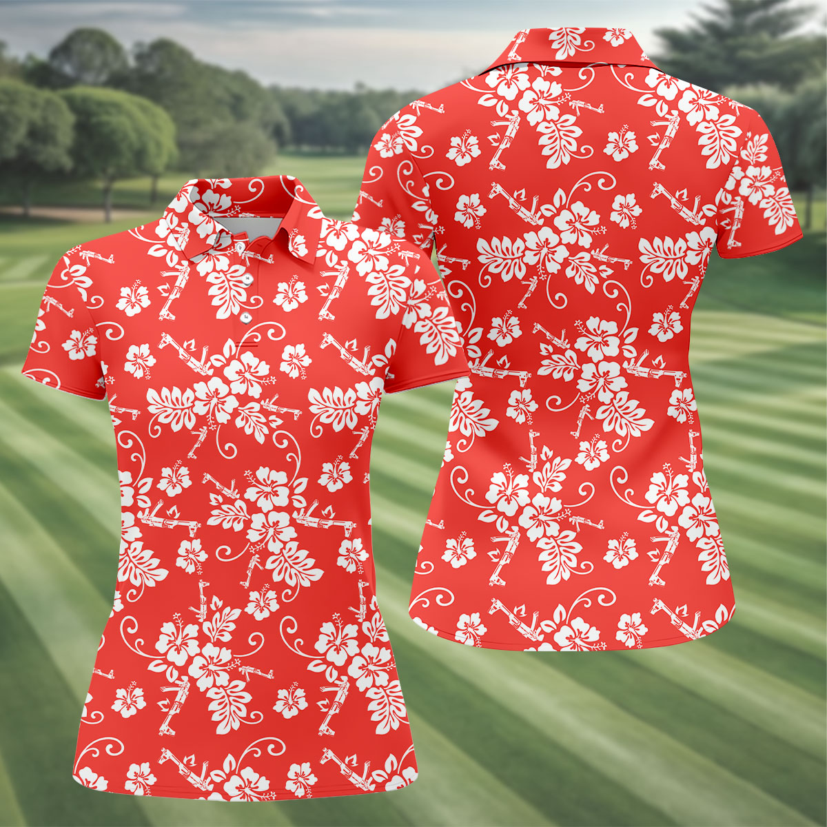 Tropical Flower Red Golf Shirt, Hawaiian Golf Shirt, Ladies Golf Tops, Golf Shirt For Women