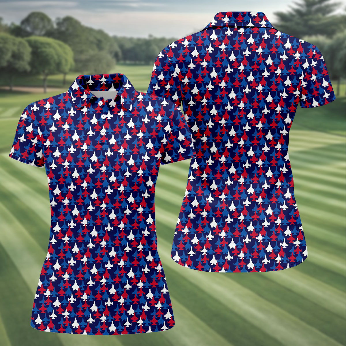 Red And Blue Fighter Jet 4th Of July Women Golf Top, 250th Anniversary Ladies Golf Shirts, Patriotic Golf Shirt