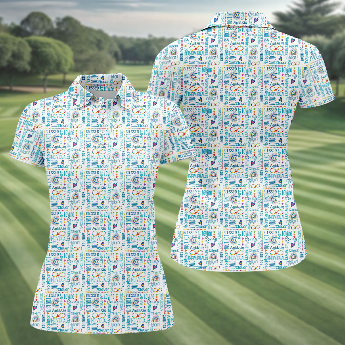 Autism Awareness Rainbow Heart Infinity Symbol Blue And White Golf Shirt For Women, Ladies Golf Polos