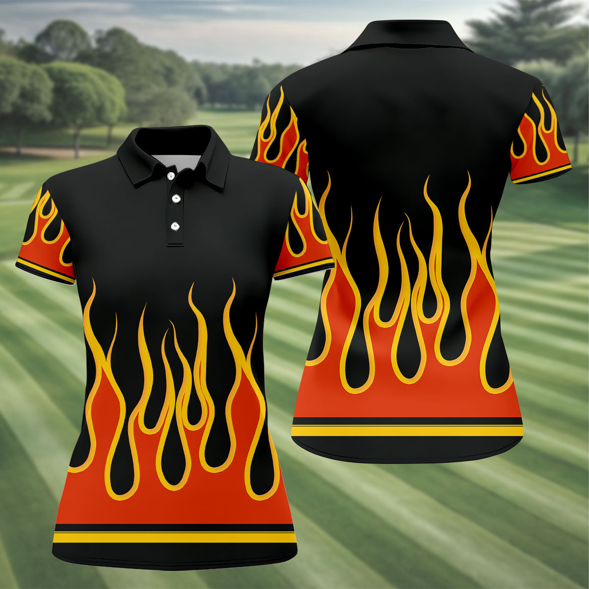 Black Orange Yellow Flame Sleeve Golf Shirt, Golf Polo For Women, Printed Golf Shirt