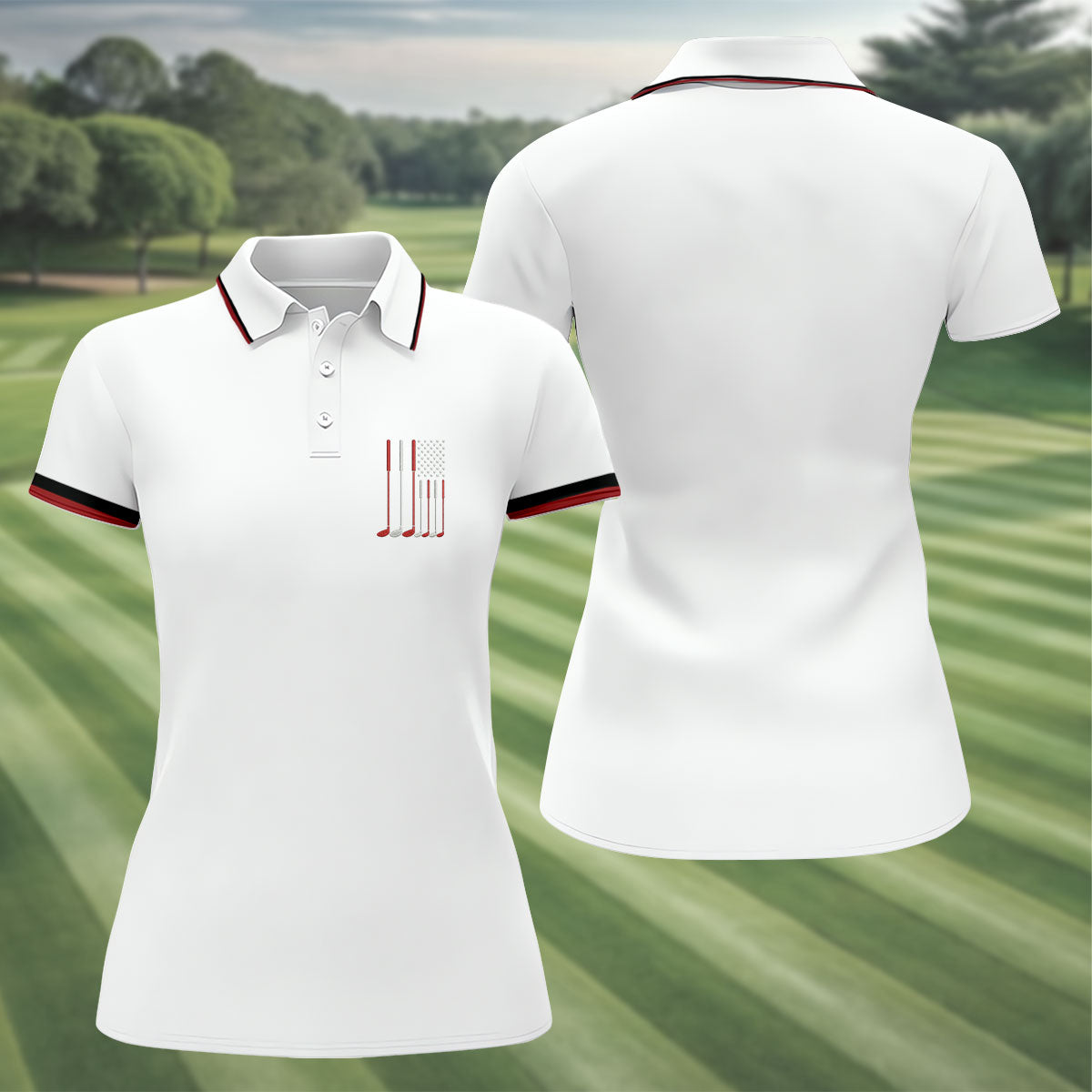 Golf Clubs America Flag Logo 250th Anniversary White Golf Shirt, Patriotic Golf Shirt, Women's Golf Tops