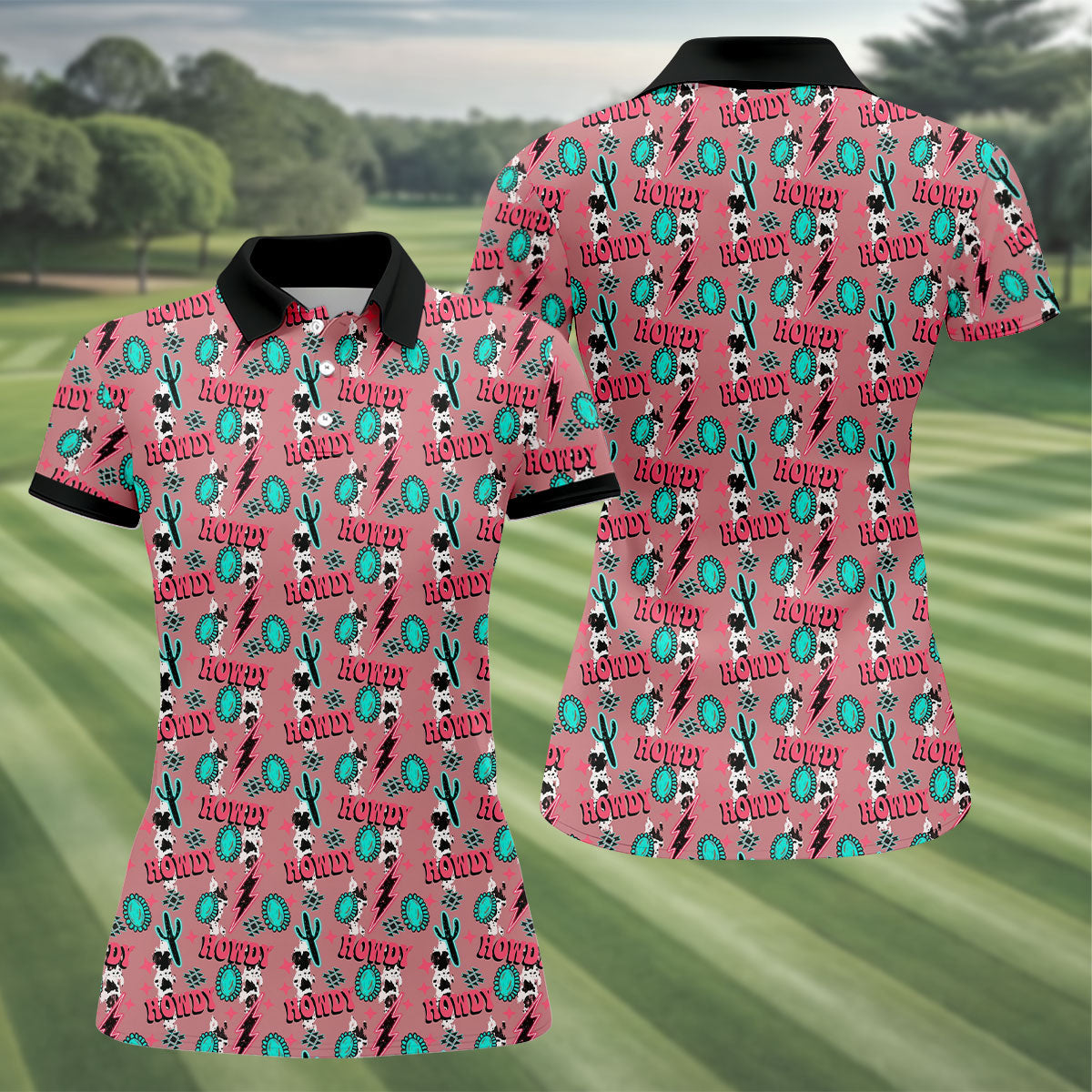 Howdy Pink Lightning Bolts Western Theme Women Golf Top, Ladies Golf Shirts, Golf Shirt For Women