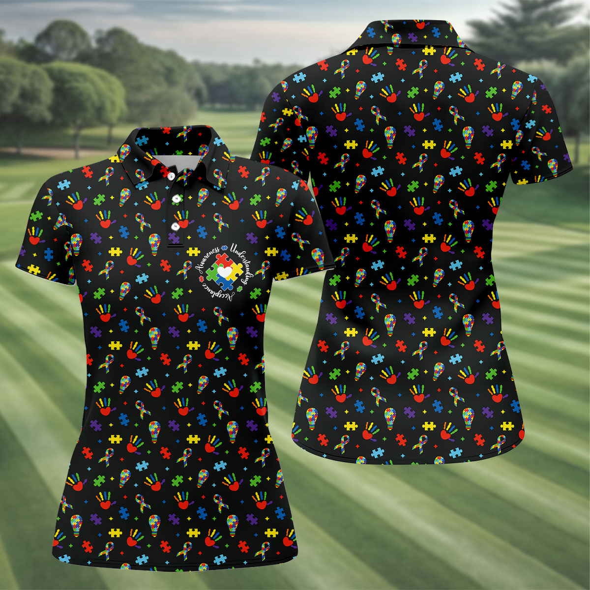 Awareness Understanding Acceptance Autism Ribbon Black Golf Shirt, Autism Awareness Colors Women's Golf Tops