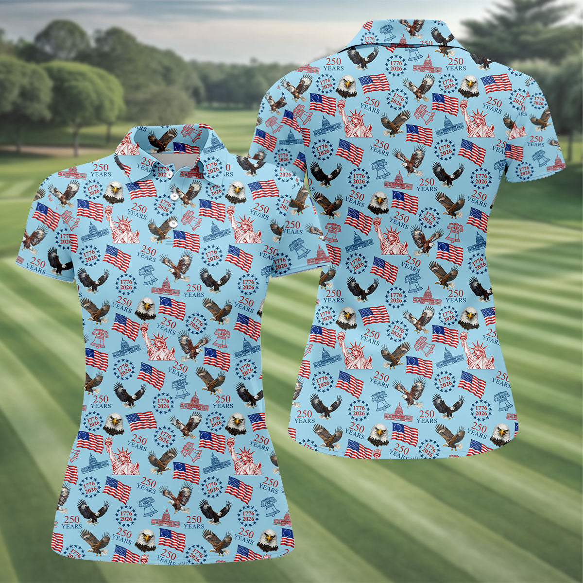 250 Years American Symbol Patriotic Pattern Blue Golf Shirt, 4th Of July Golf Shirt, Golf Shirt For Women
