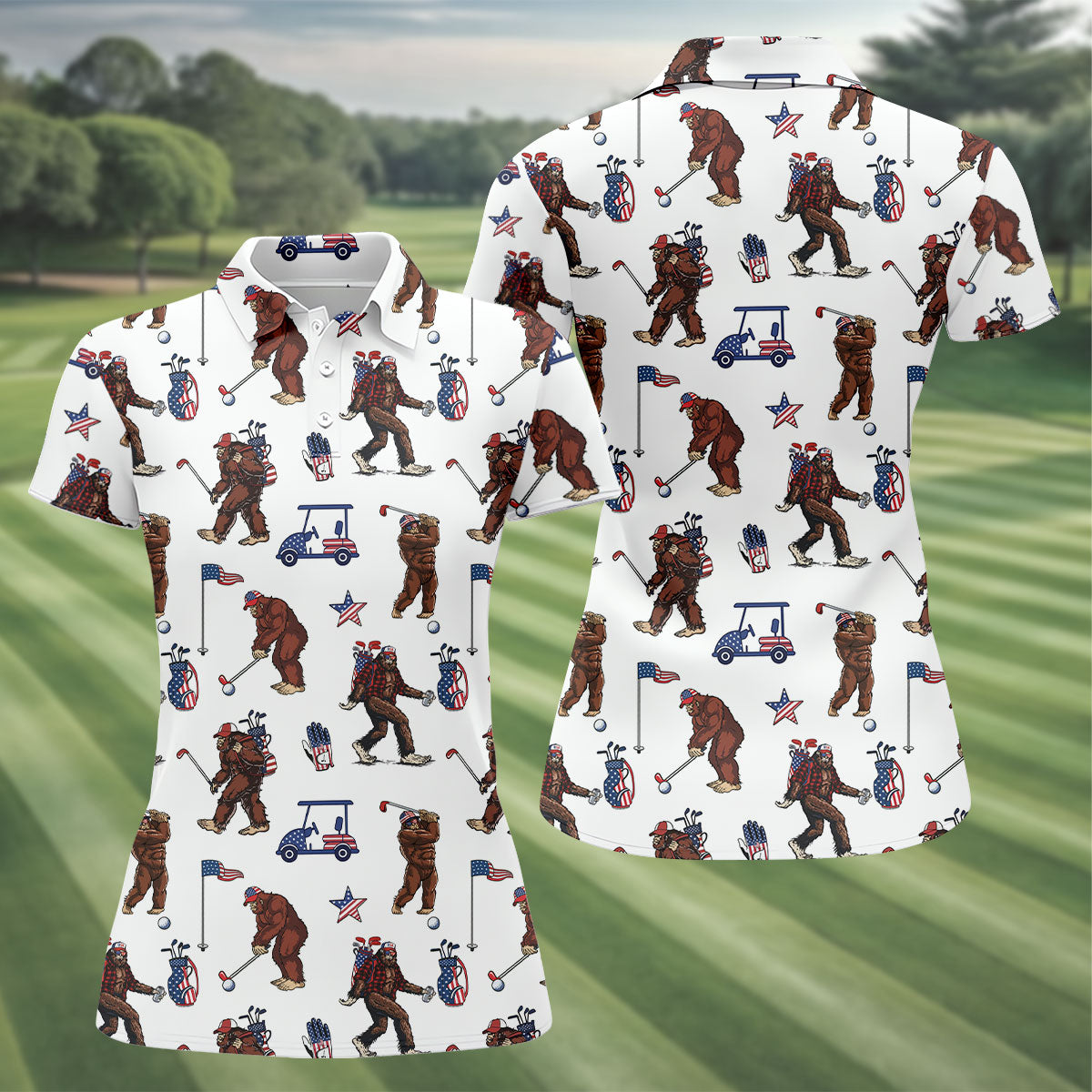 Funny Bigfoot Ladies Patriotic Golf Shirts, Cute Women's Golf Clothes, Ladies Golf Shirts