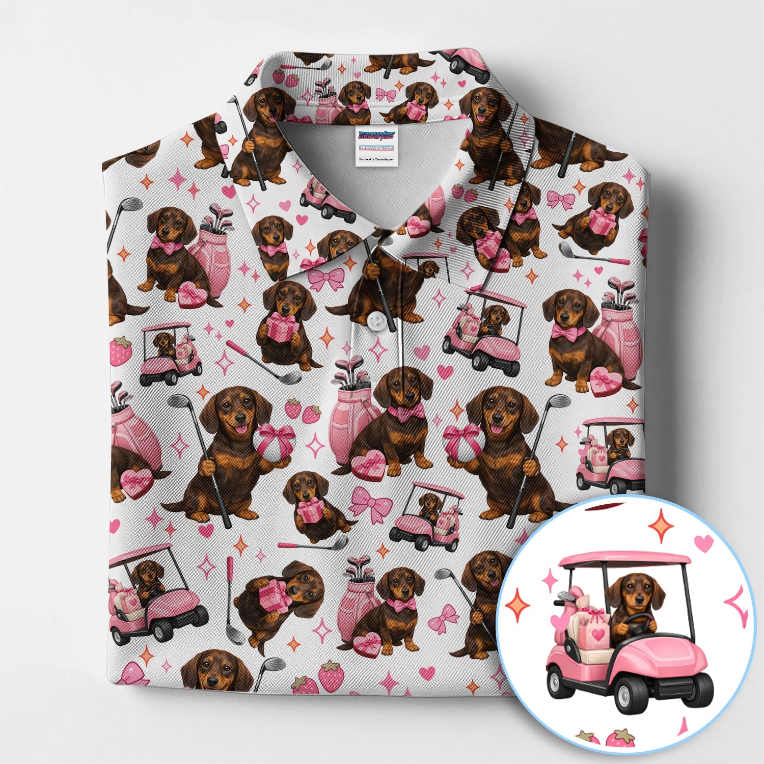 Dachshund Valentine Pattern Golf Shirt, Wiener Dog Golf Polos For Men, Golf Gift For Golfer