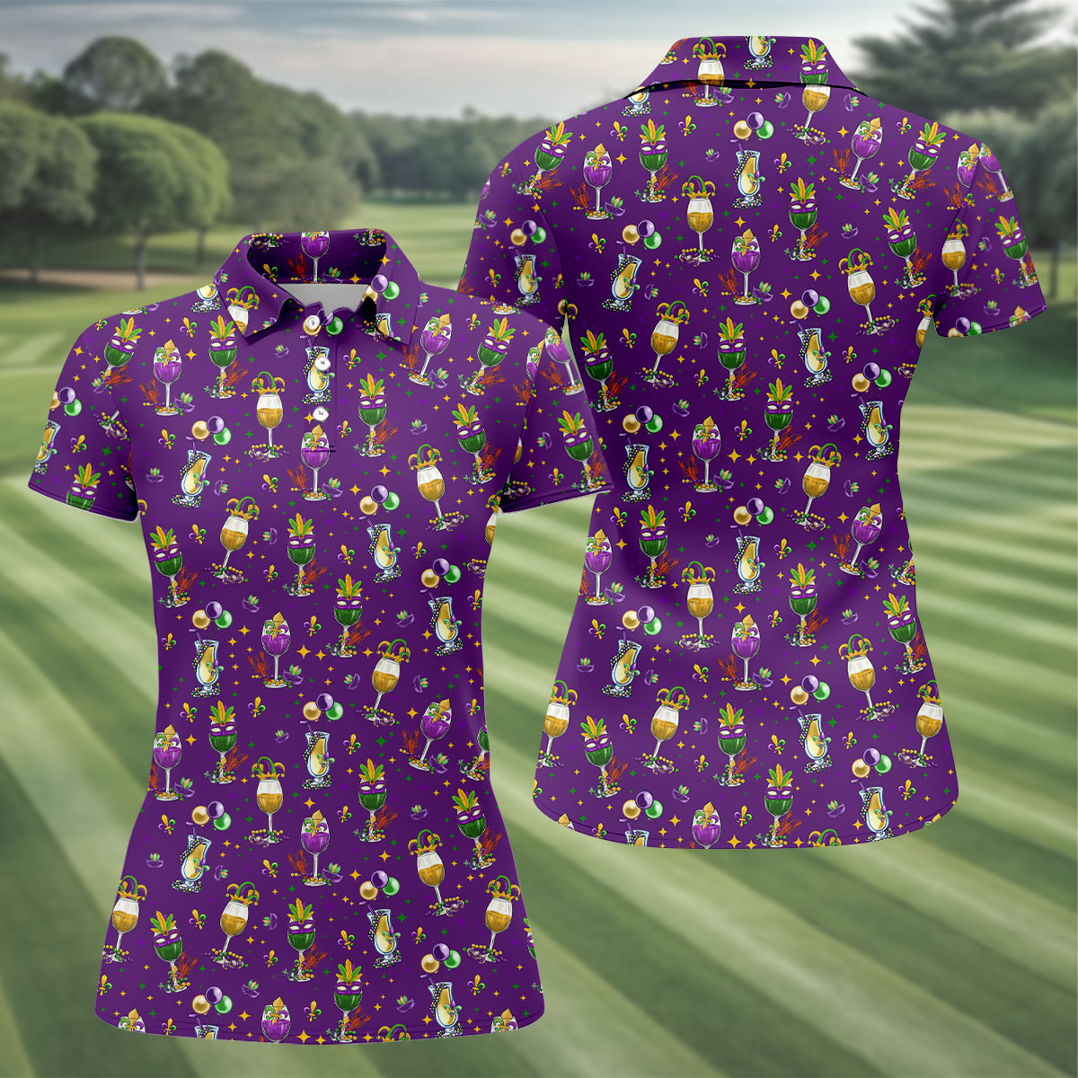 Mardi Gras Wine Glass Beaded Garland Fleur De Lis Purple Golf Shirt, Women's Golf Tops, Ladies Golf Polos