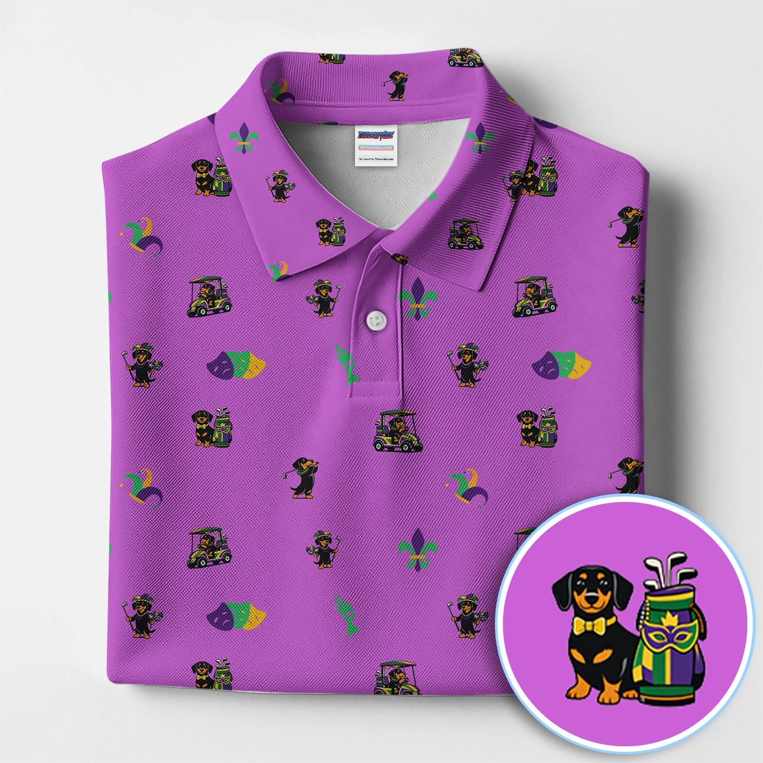Mardi Gras Dachshund Golf Polos For Golfer, Funny Wiener Dog Pattern Golf Shirt, Golf Gift For Men