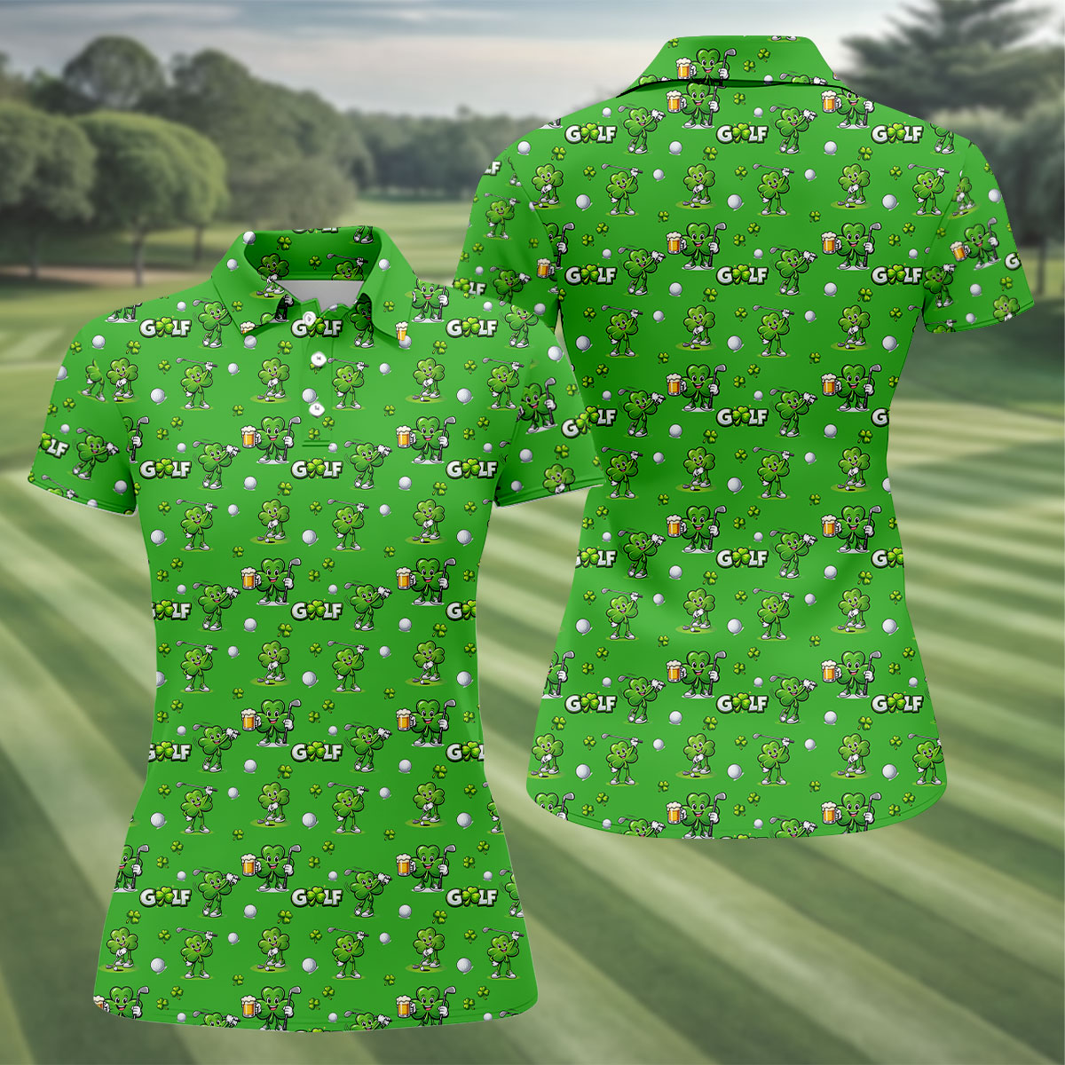 Three Leaf Clover Golf And Beer St Patrick's Day Green Golf Shirt, Women's Golf Shirts, Ladies Golf Polos
