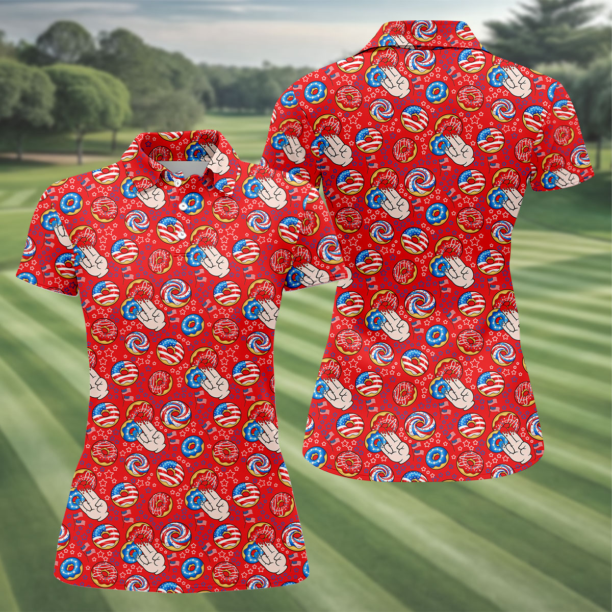 Donut Finger Funny Dirty American Flag Pattern Red Women Golf Top, 250th Anniversary Patriotic Golf Shirt