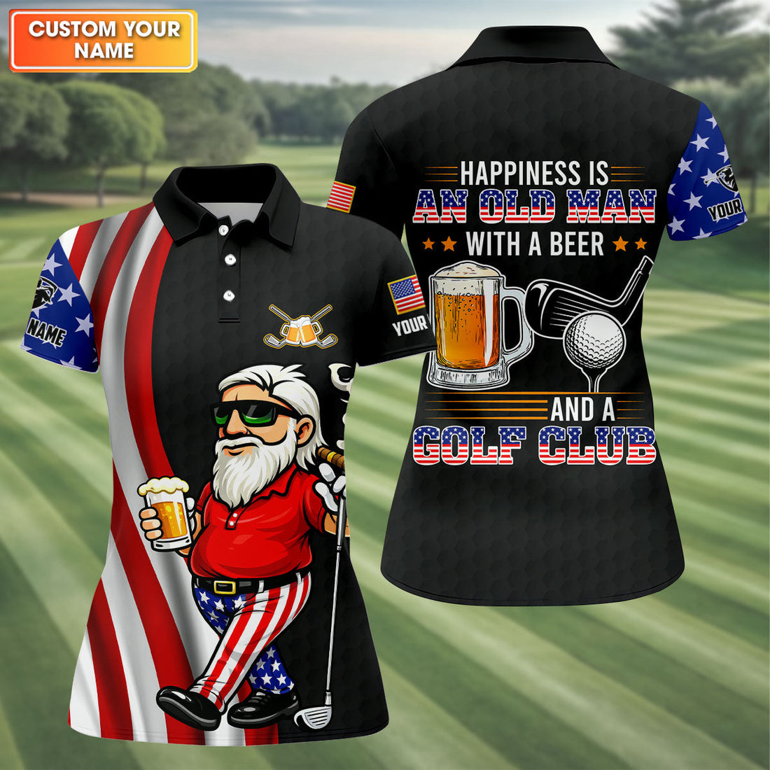 Happiness Is An Old Man With A Beer Funny 4th Of July Black Golf Shirt, 250th Anniversary Women's Golf Tops