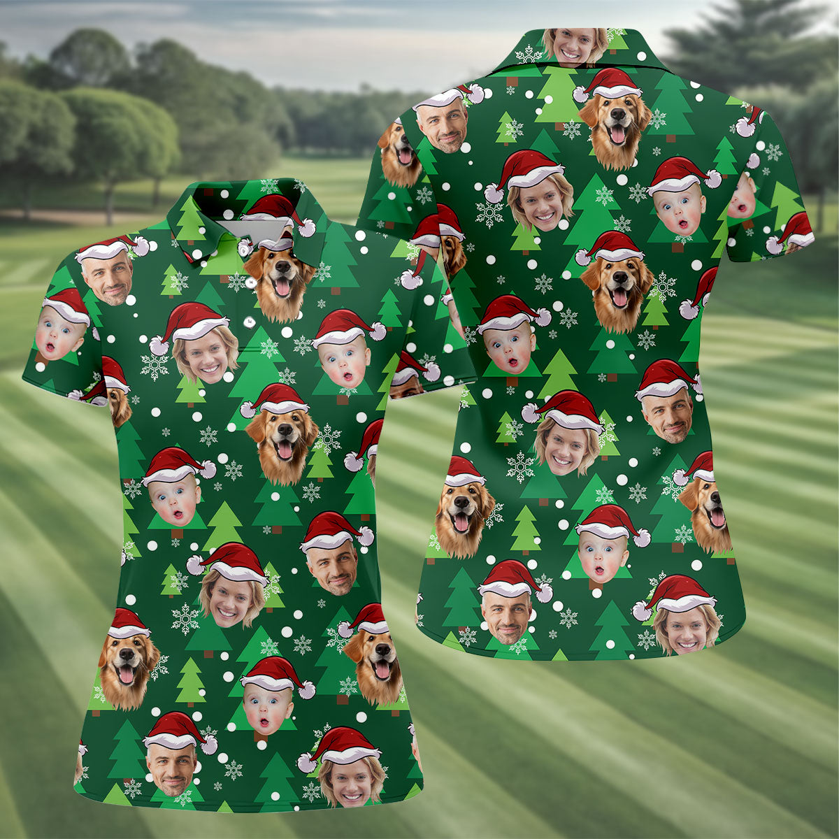 Custom Face Green Christmas Women's Golf Tops, Ladies Golf Shirts, Christmas Golf Gift