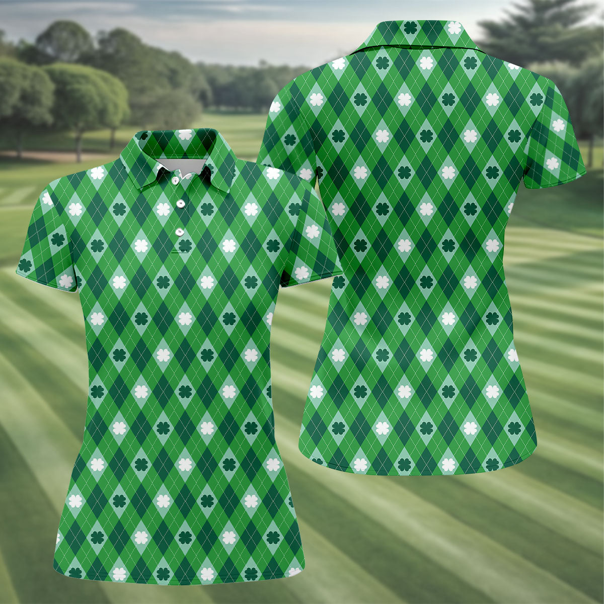 Green And White Lucky Four Leaf Clover Argyle Pattern St Patrick's Day Golf Shirt, Women's Golf Tops