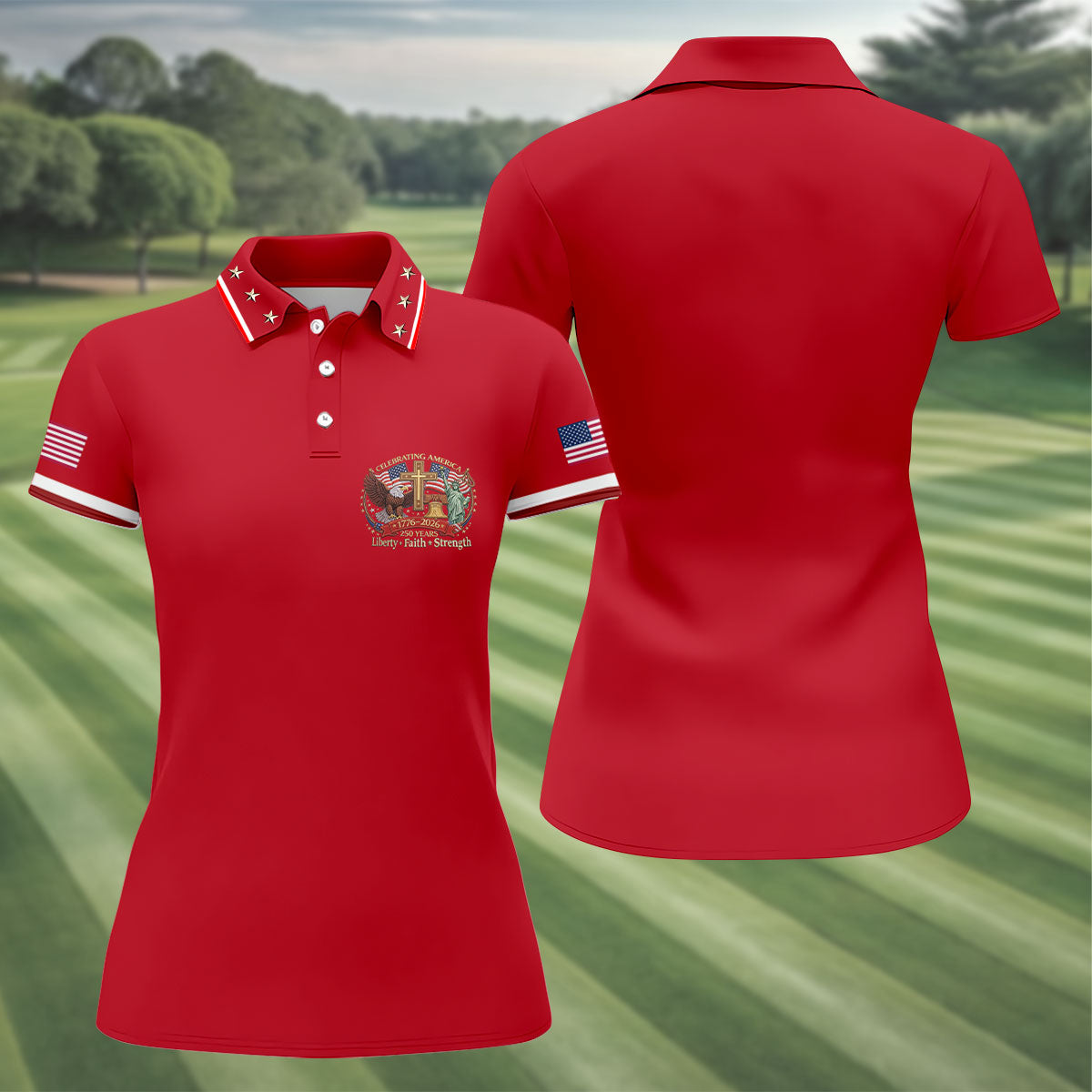 Liberty Faith Strength Faith Cross USA 250 Red Golf Shirt, 4th Of July Golf Shirt For Women