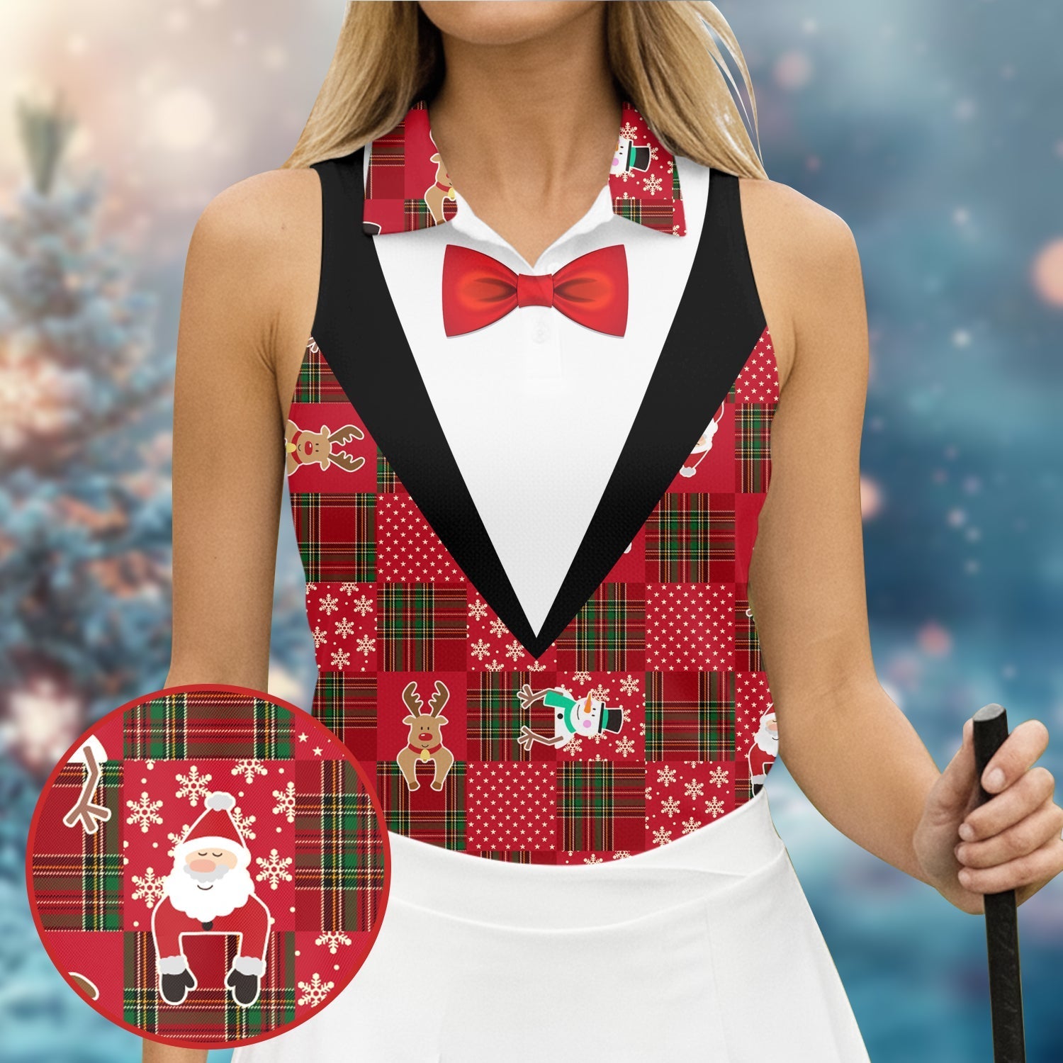 Red Plaid Funny Holiday Vintage Print Women Golf Top, Christmas Golf Shirt, Ladies Golf Tops