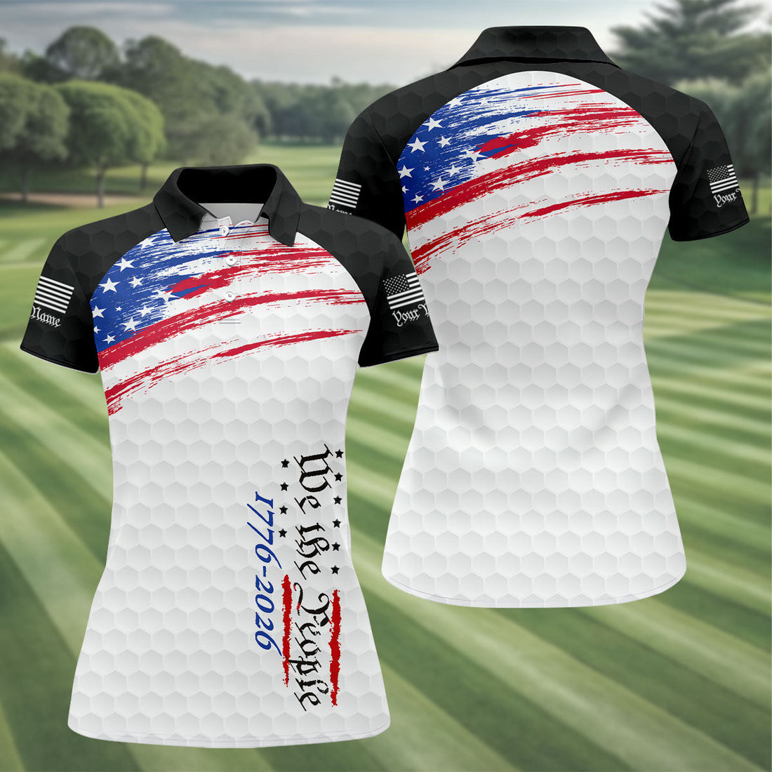 We The People 1776-2926 American Flag Brush Black Golf Shirt, 250 Years Patriotic 4th Of July Golf Shirt For Women