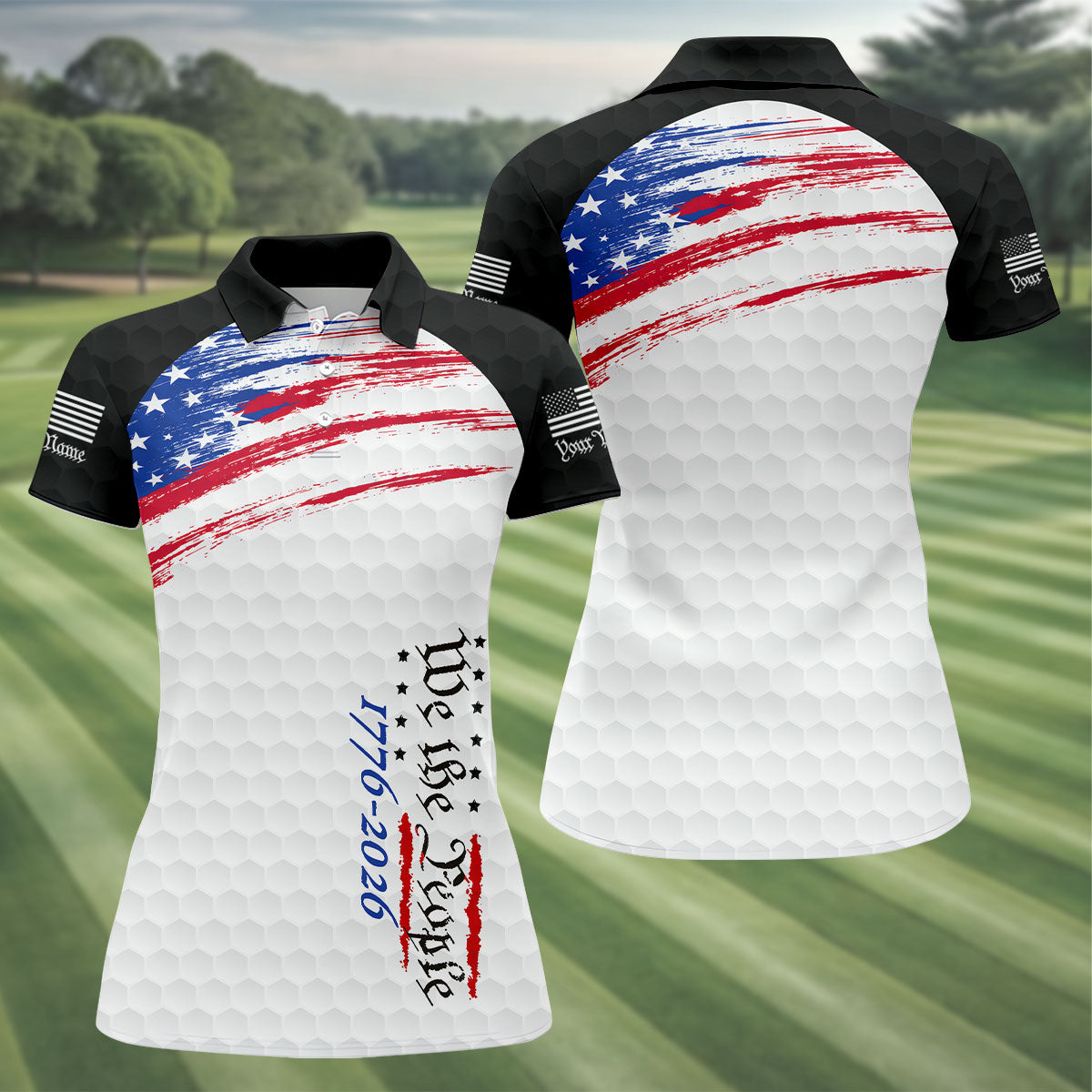 We The People 1776-2926 American Flag Brush Black Golf Shirt, 250 Years Patriotic 4th Of July Golf Shirt For Women