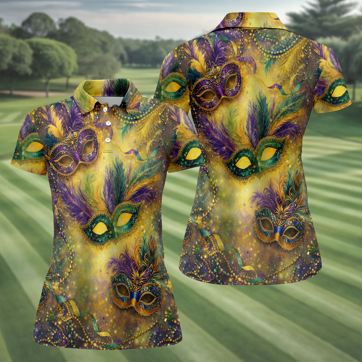 Masquerade Mask Beads Chain Sparkling Effect Mardi Gras Golf Shirt, Women's Golf Tops, Ladies Golf Shirts