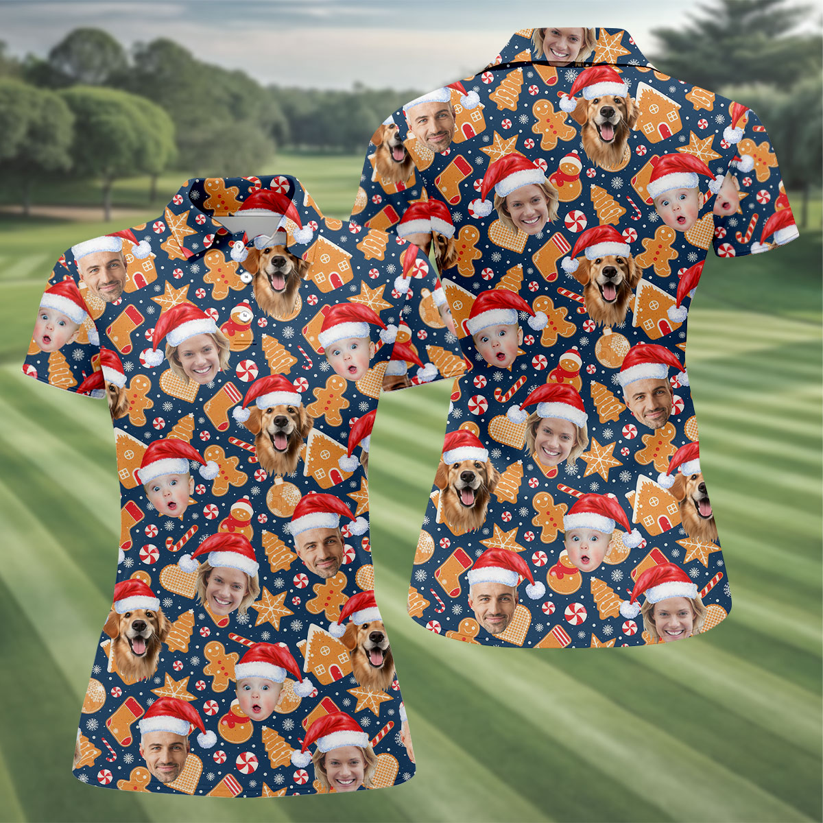 Custom Face Christmas Sweets Navy Golf Shirt, Christmas Golf Shirt, Women's Golf Tops, Golf Gift For Ladies