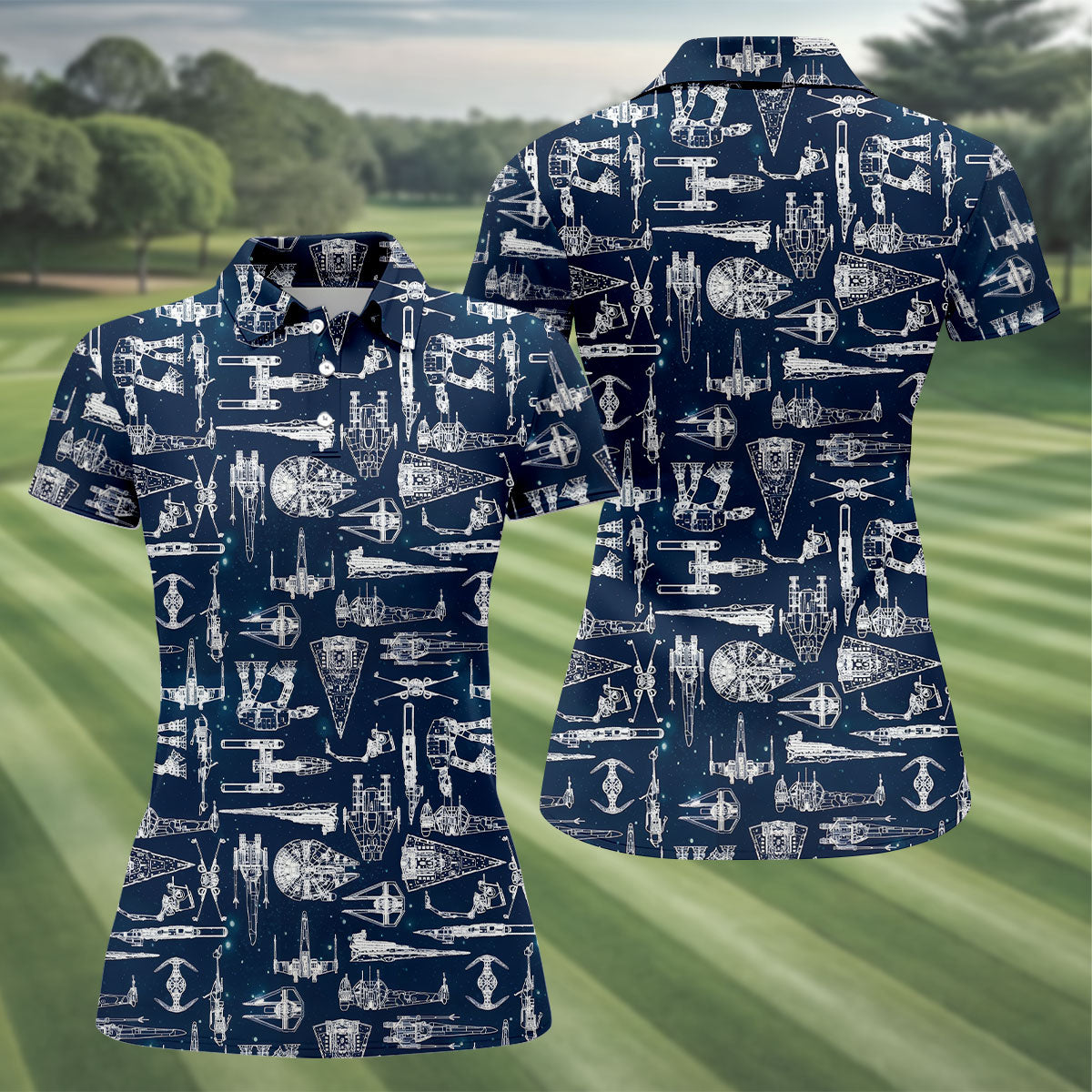Line-art Sketches Sci-Fi Spacecraft Dark Navy Women's Golf Tops, Ladies Golf Shirts, Ladies Golf Polos