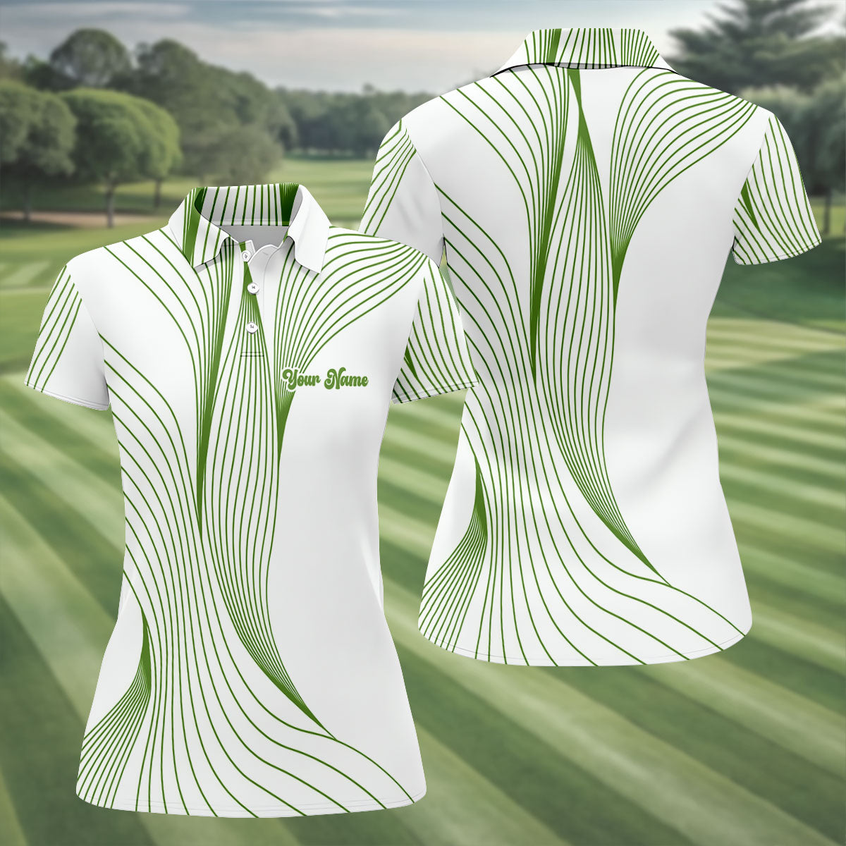 Geometric Line Wavy Line Green And White Custom Name Women's Golf Tops, Ladies Golf Shirts, Women's Polo Shirt