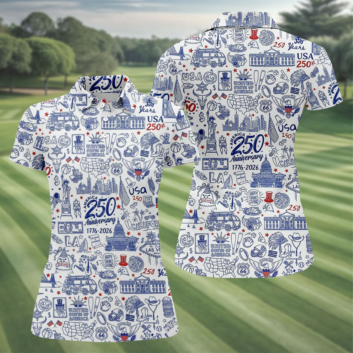America 250 Anniversary US Symbols Doodle Pattern Patriotic Golf Shirt, 4th Of July Golf Shirt For Women