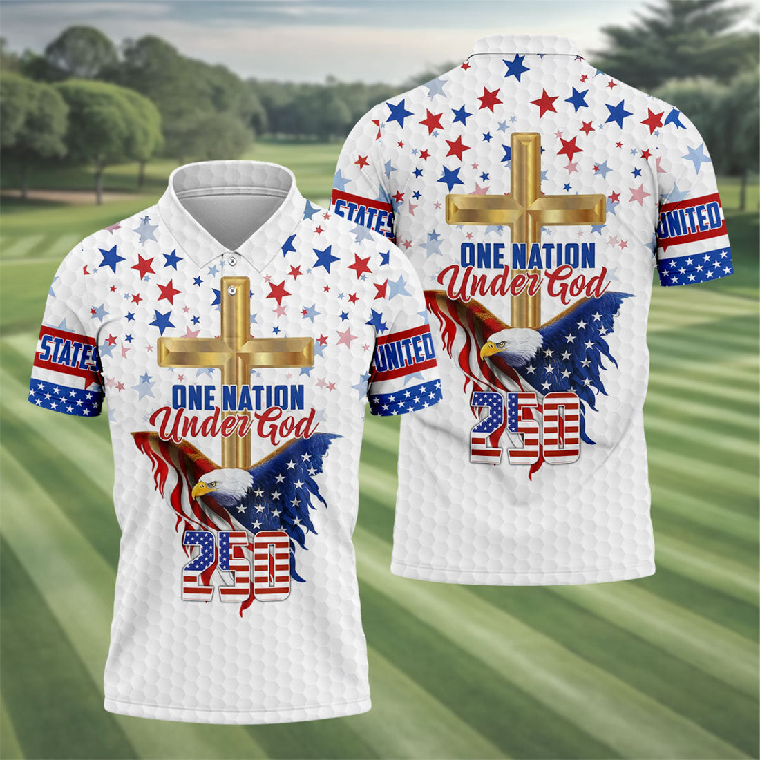 One Nation Under God Faith Cross Bald Eagle 4th Of July Golf Shirt, 250 Years Golf Shirts For Men