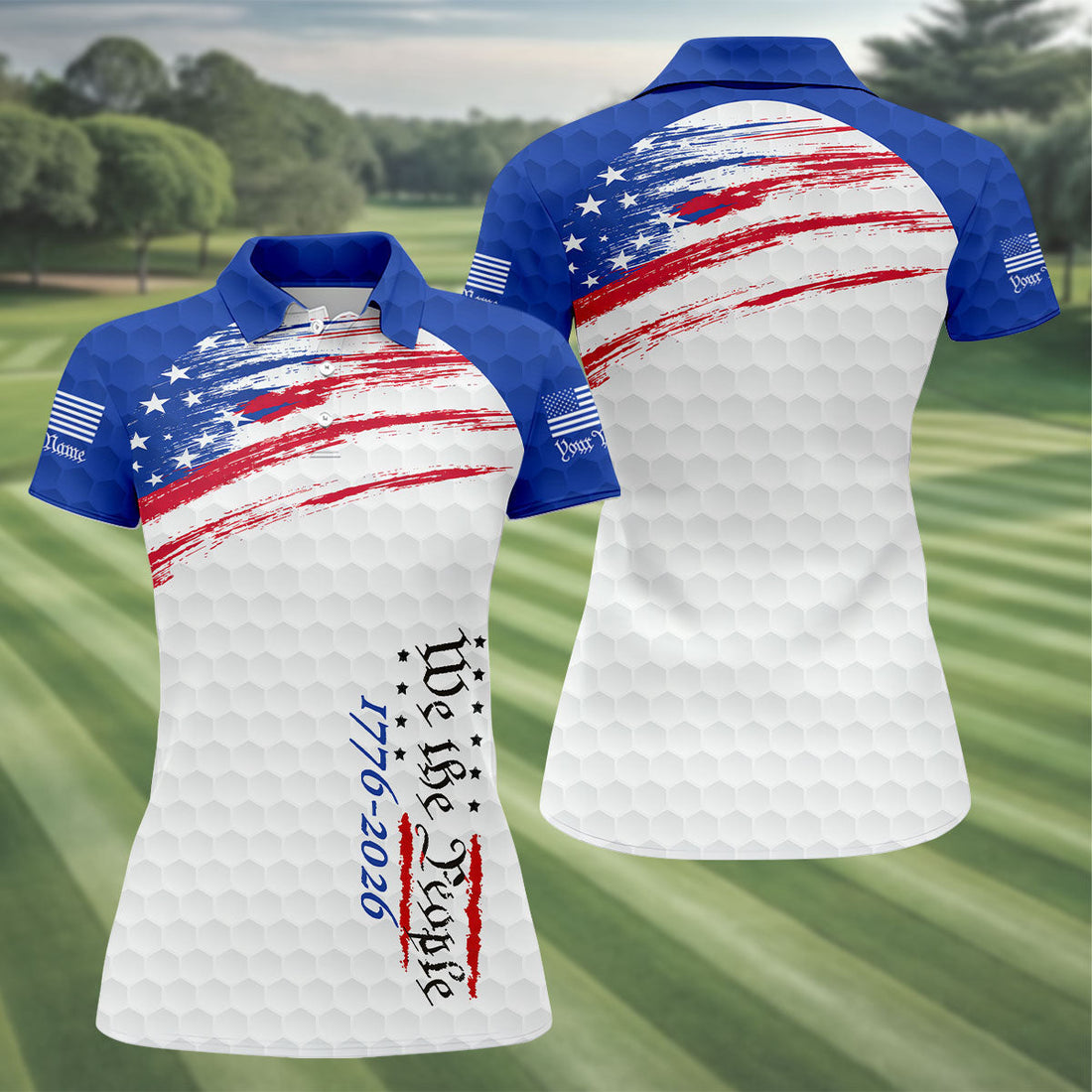 We The People 1776-2926 American Flag Brush Blue Golf Shirt, 250 Years Patriotic 4th Of July Golf Shirt For Women